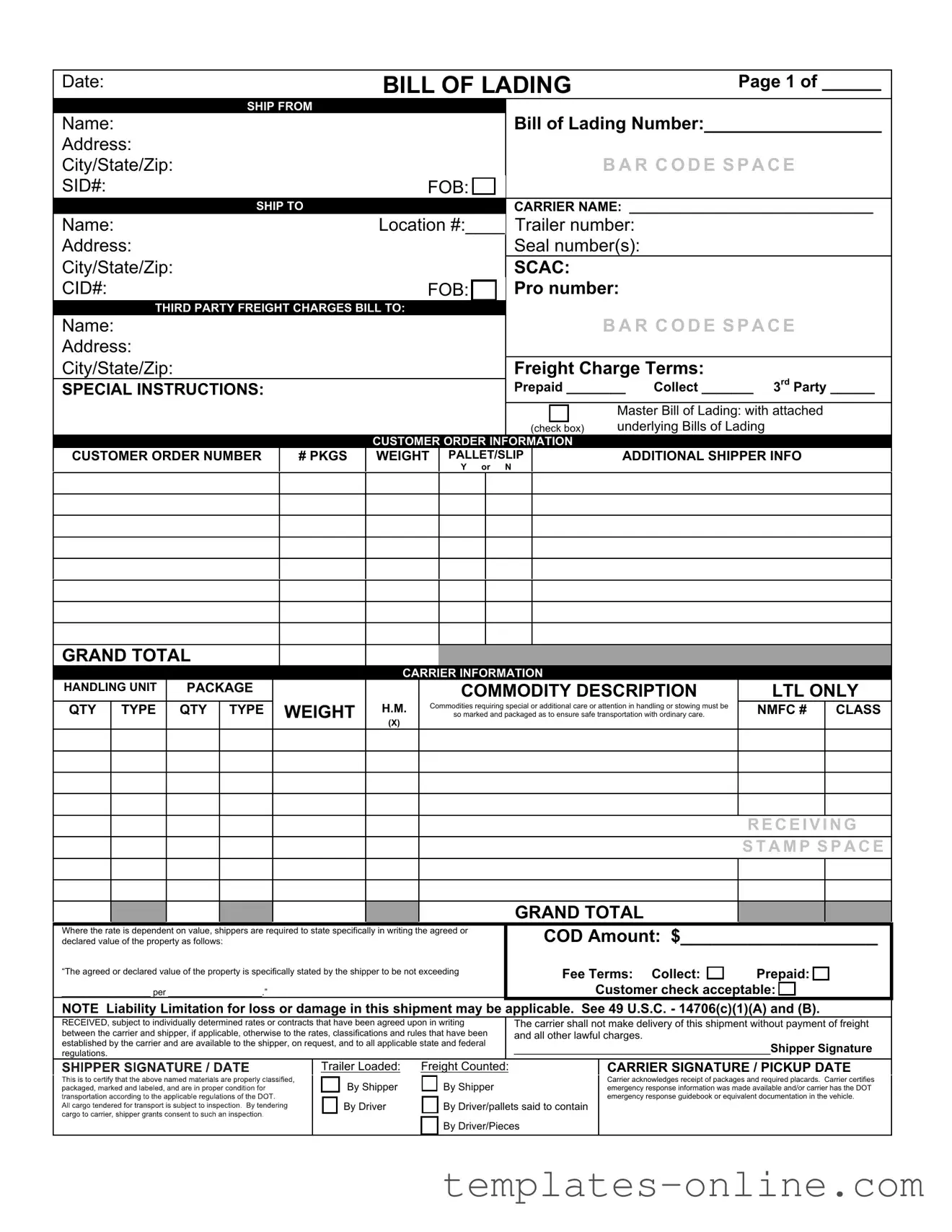 Bill of Lading with a Supplement Template