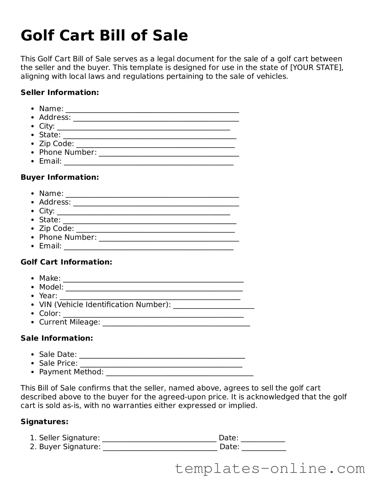 Attorney-Verified Golf Cart Bill of Sale Template