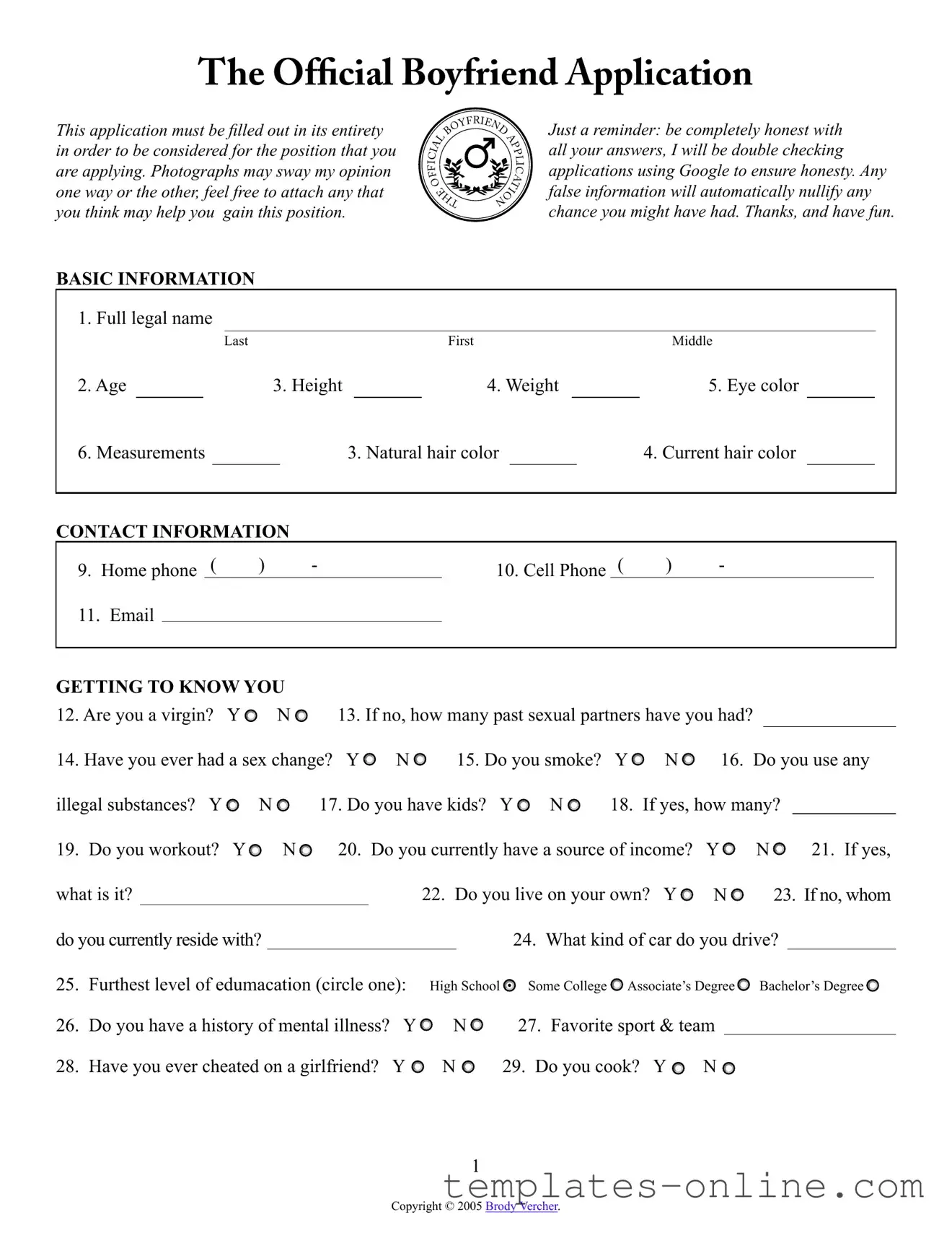 Boyfriend application form Template