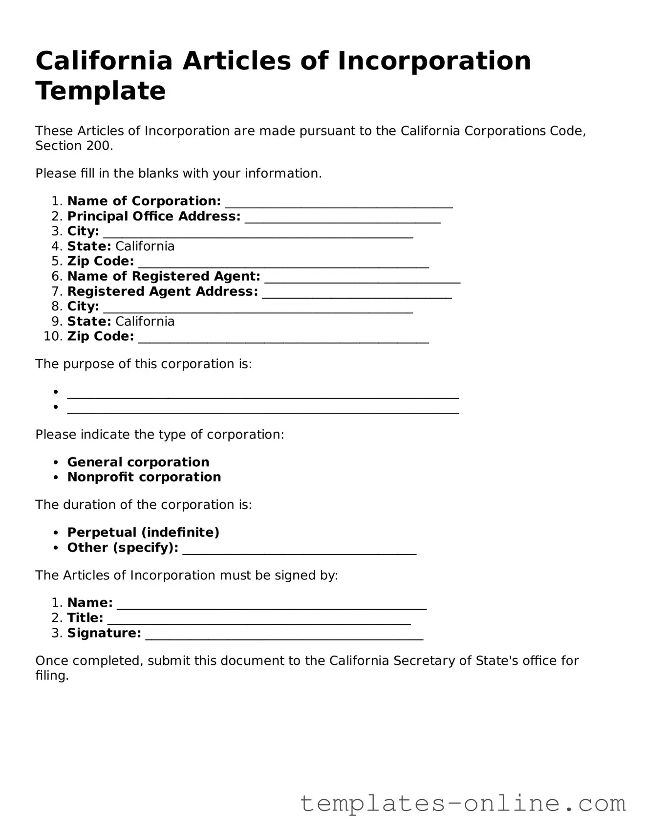 Valid  Articles of Incorporation Template for California