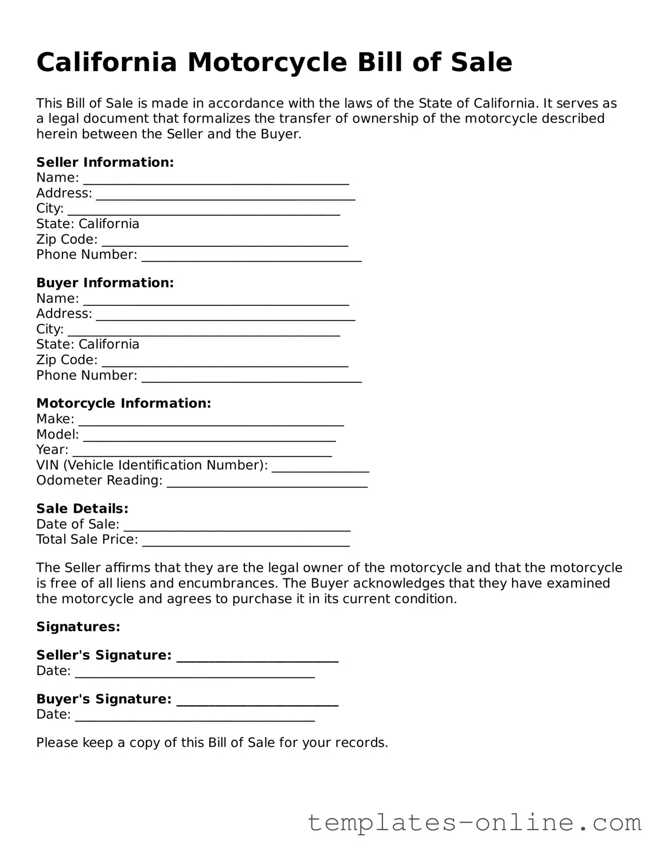 Valid  Motorcycle Bill of Sale Template for California