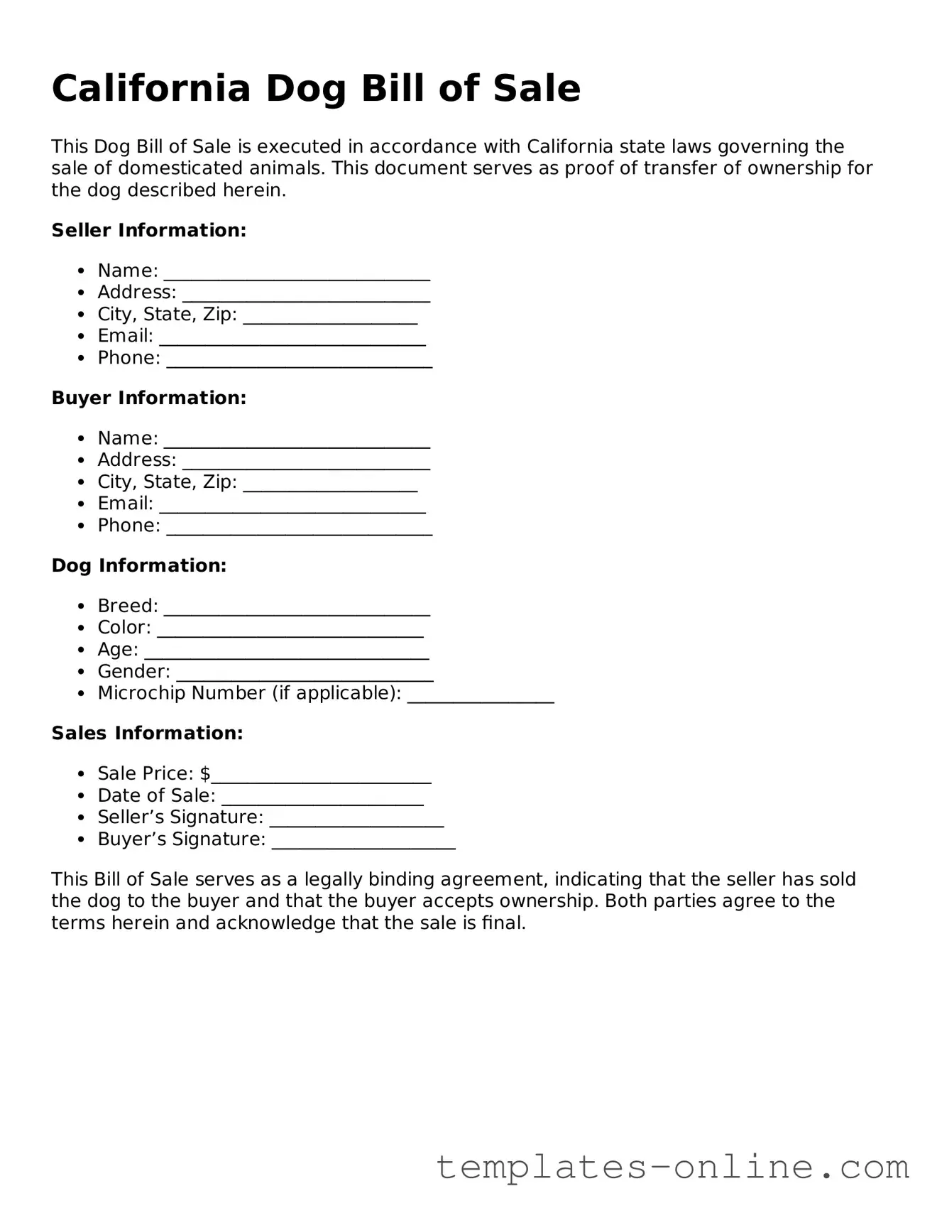 Valid  Dog Bill of Sale Template for California