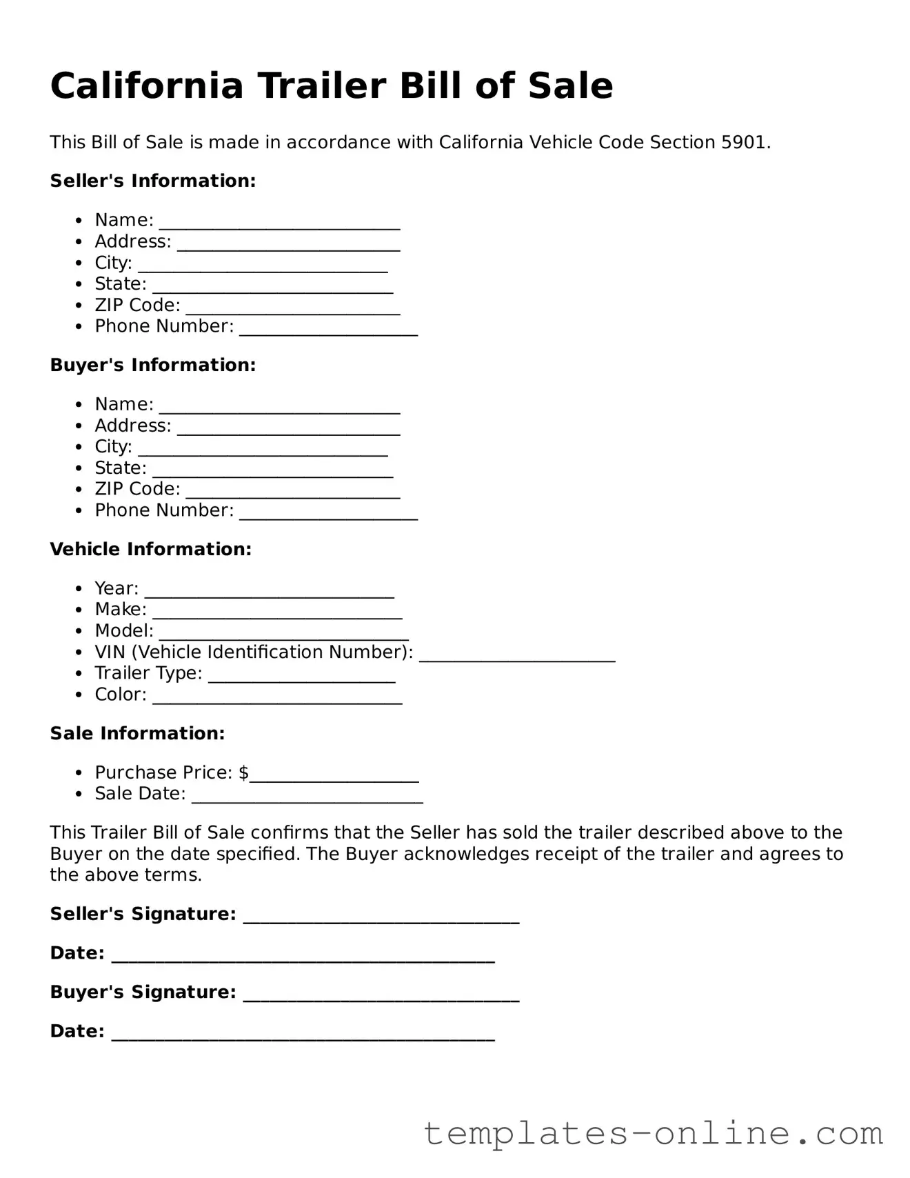 Valid  Trailer Bill of Sale Template for California