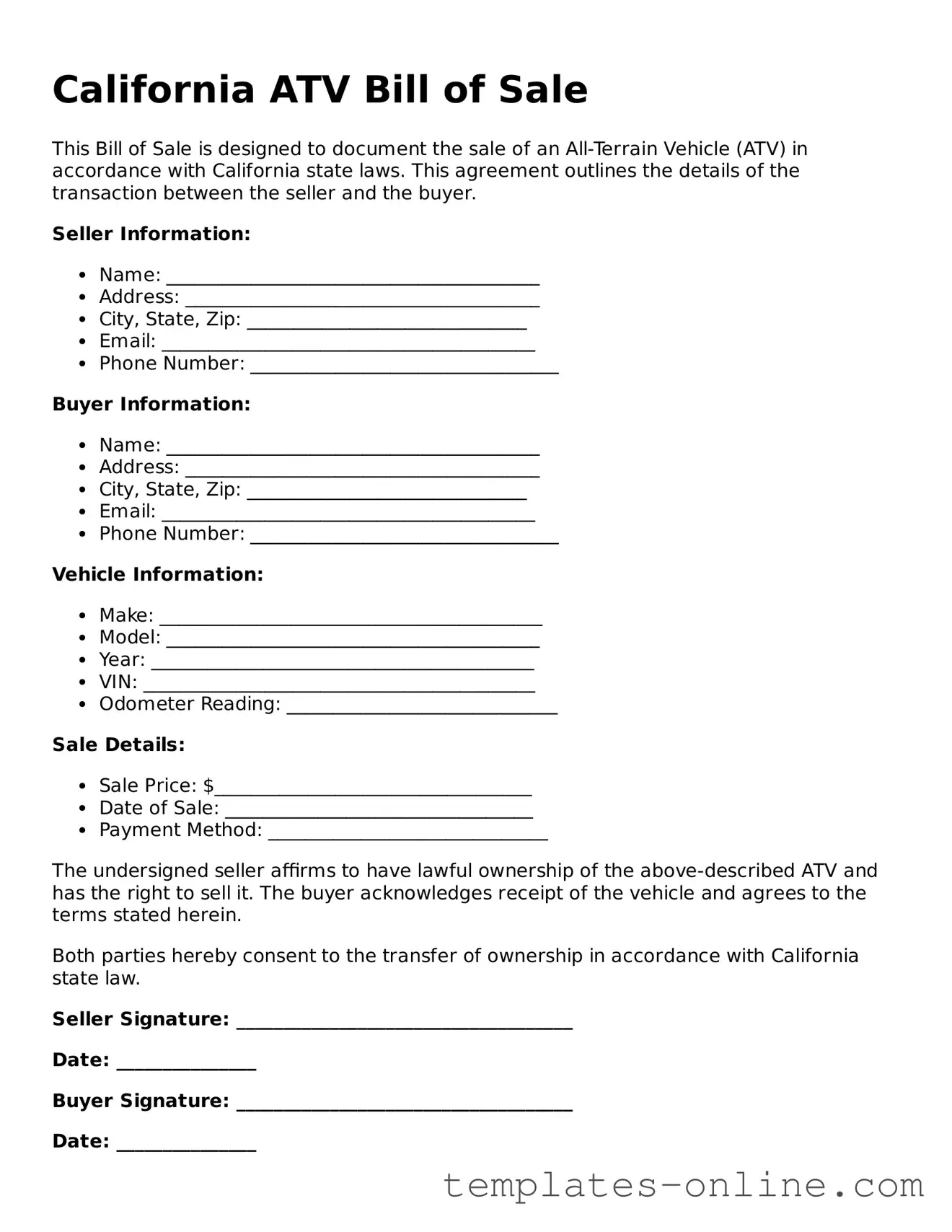 Valid  ATV Bill of Sale Template for California