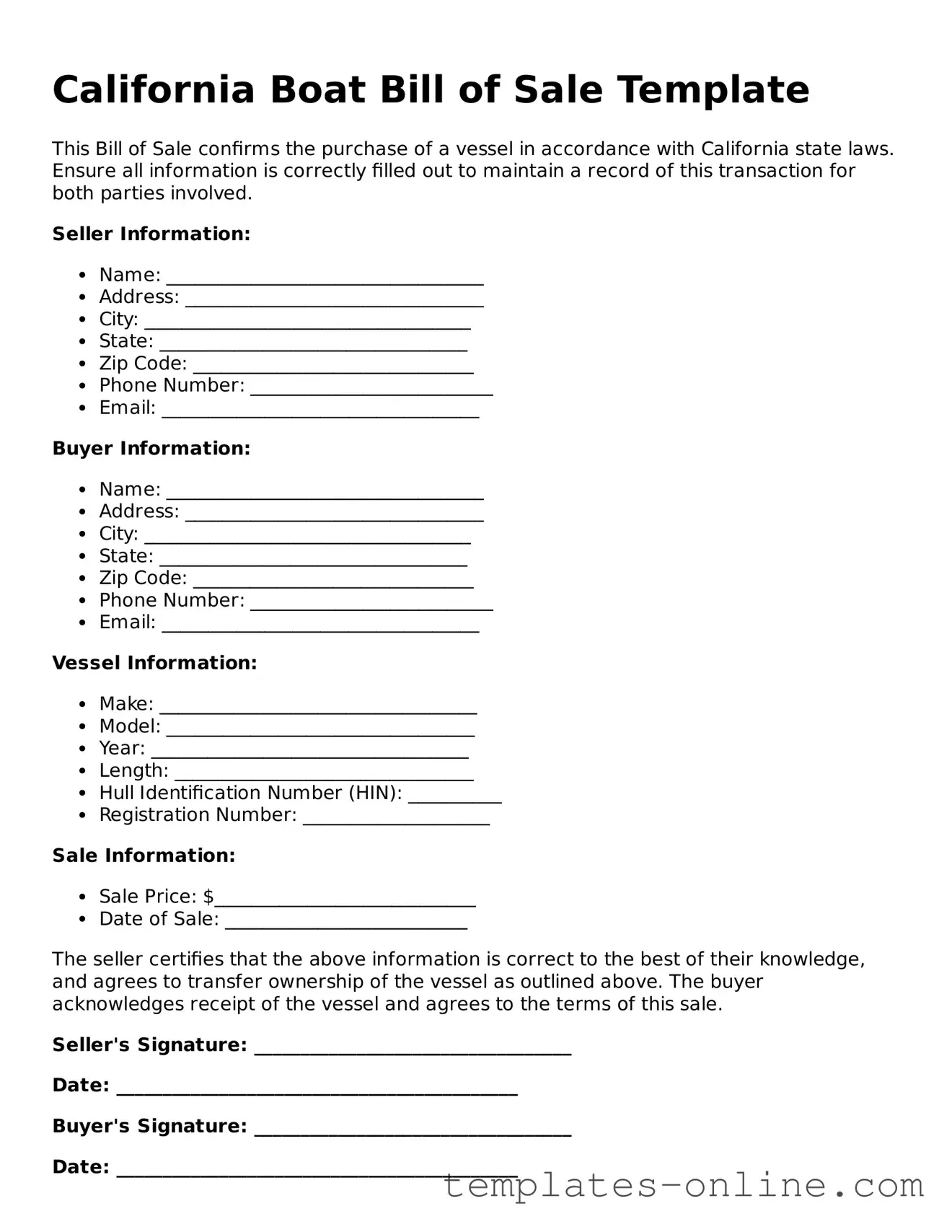 Valid  Boat Bill of Sale Template for California