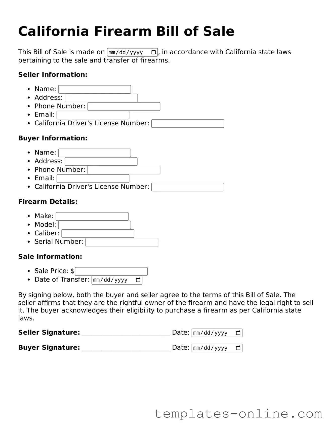Valid  Firearm Bill of Sale Template for California