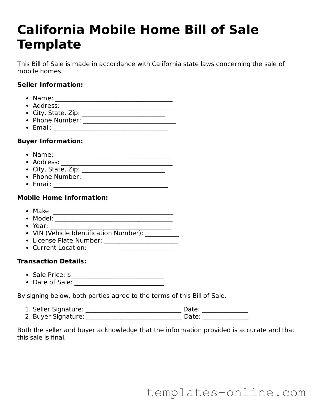 Valid  Mobile Home Bill of Sale Template for California