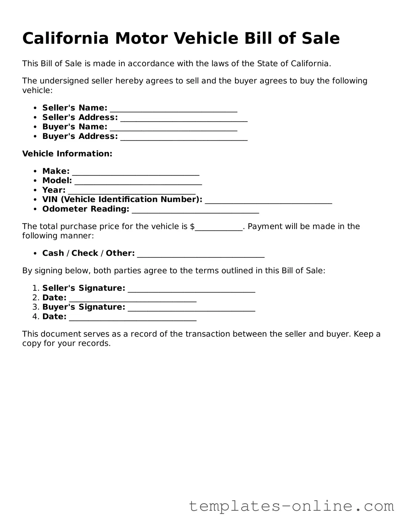 Valid  Motor Vehicle Bill of Sale Template for California