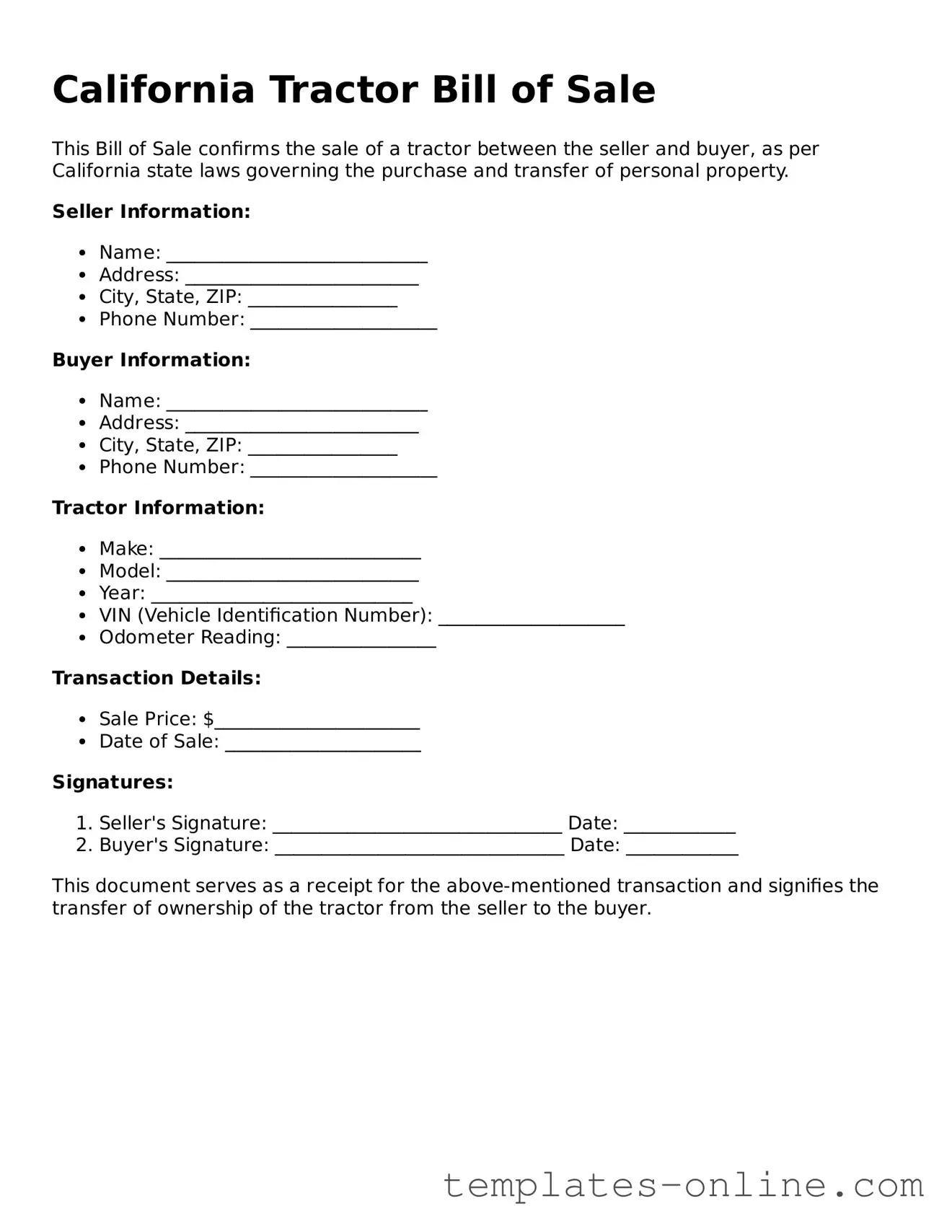 Valid  Tractor Bill of Sale Template for California