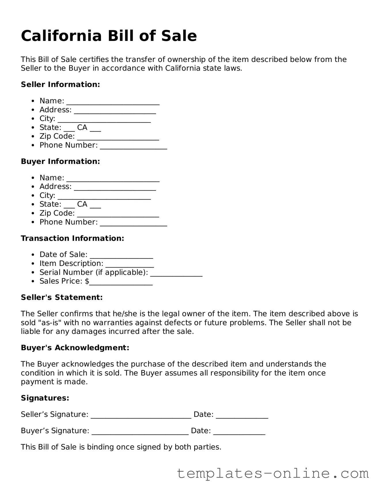Valid  Bill of Sale Template for California
