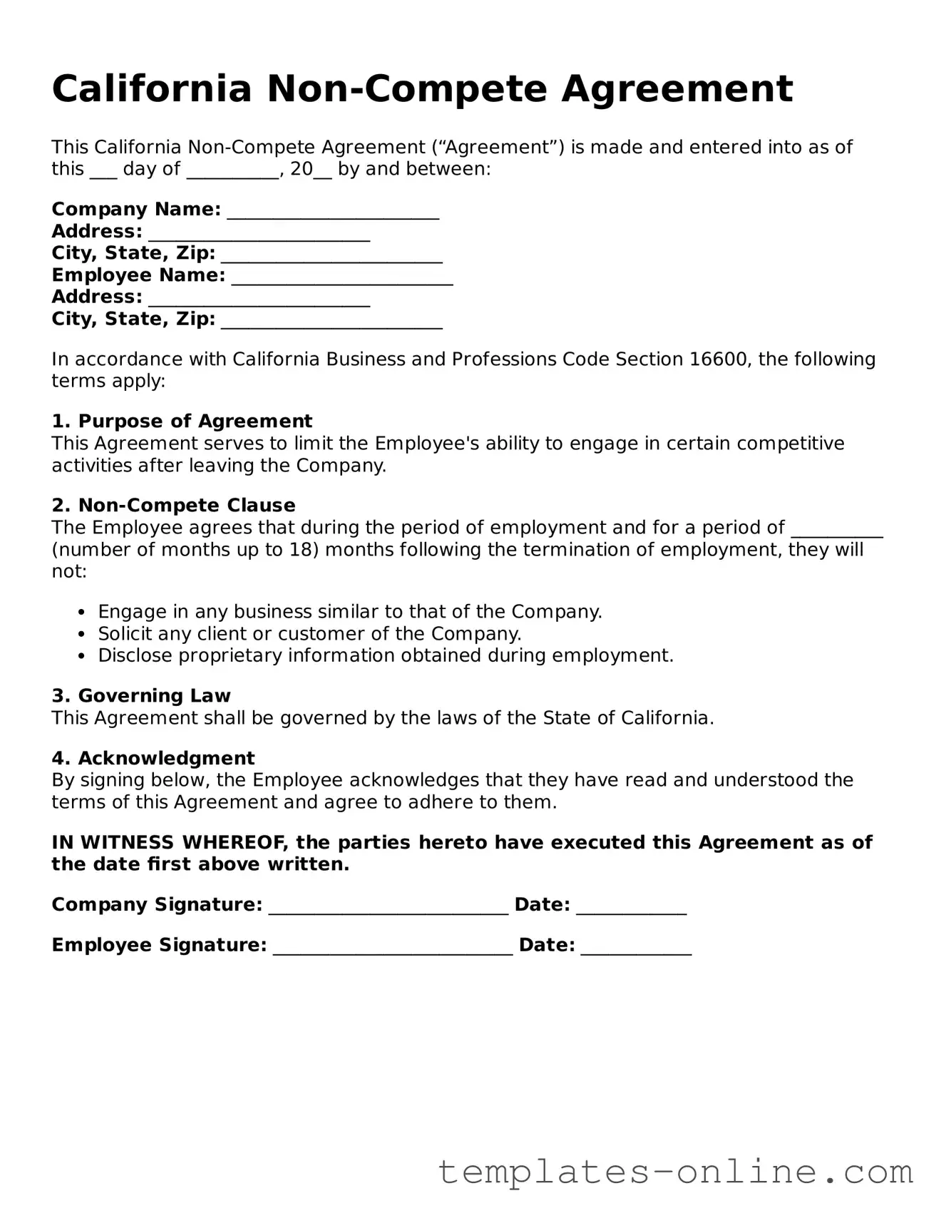 Valid  Non-compete Agreement Template for California