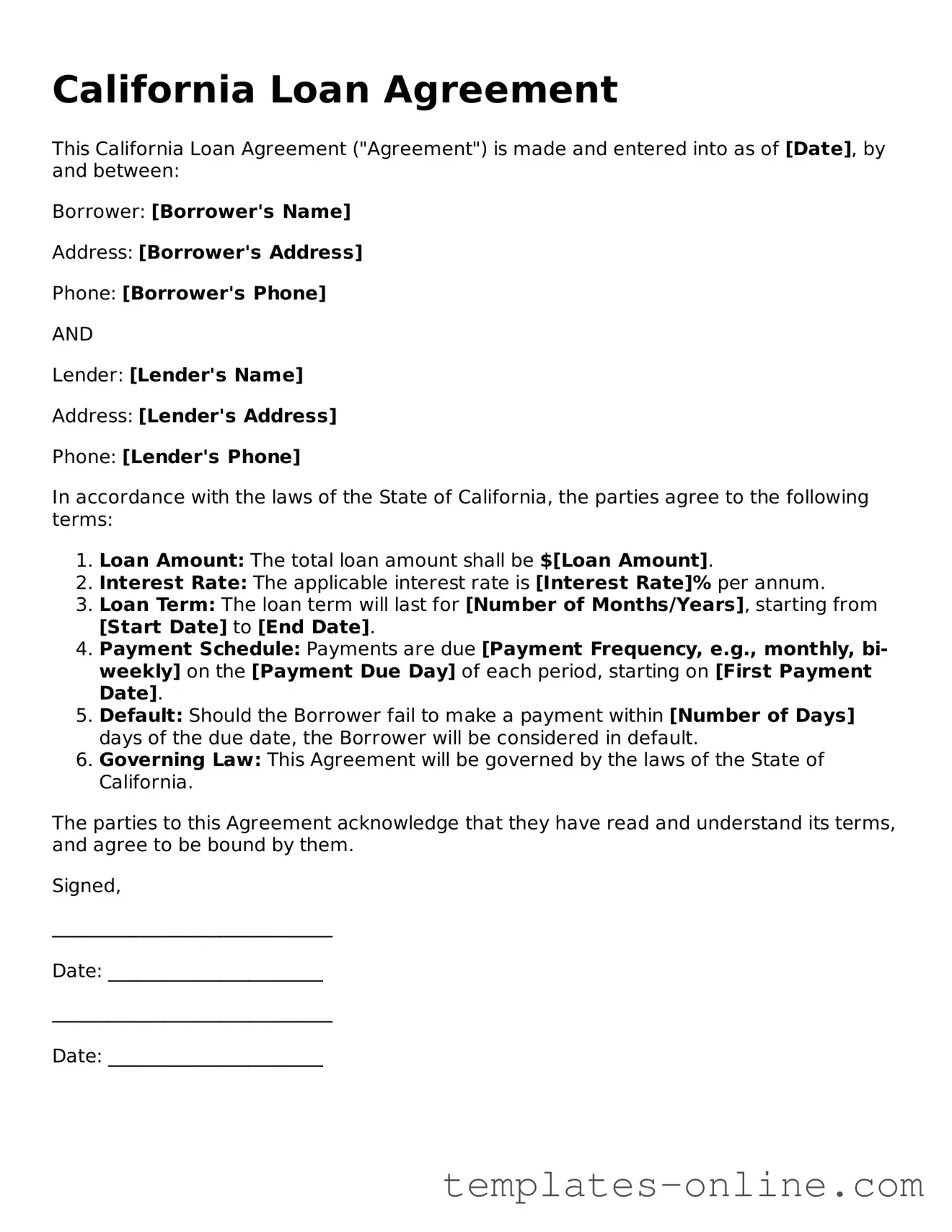 Valid  Loan Agreement Template for California