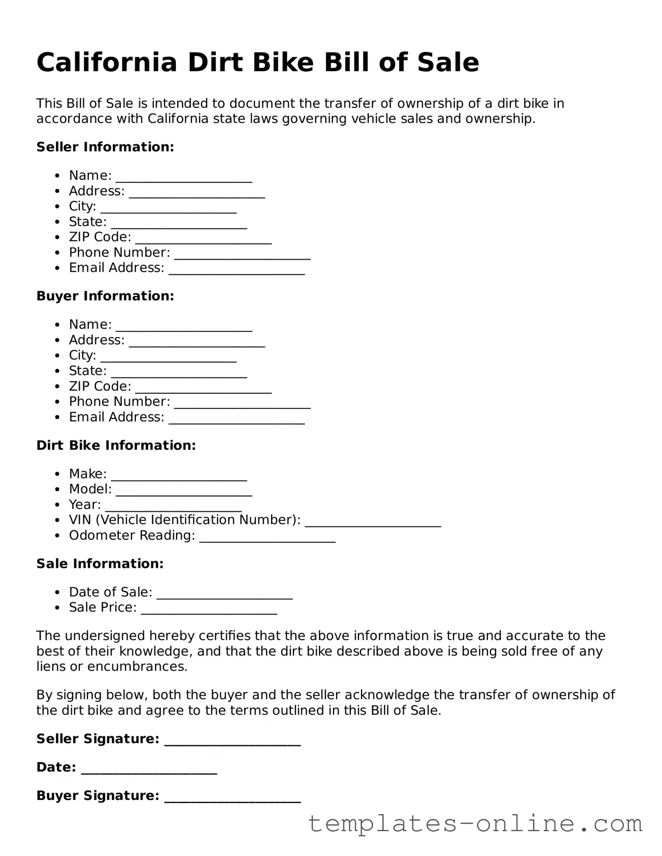 Valid  Dirt Bike Bill of Sale Template for California