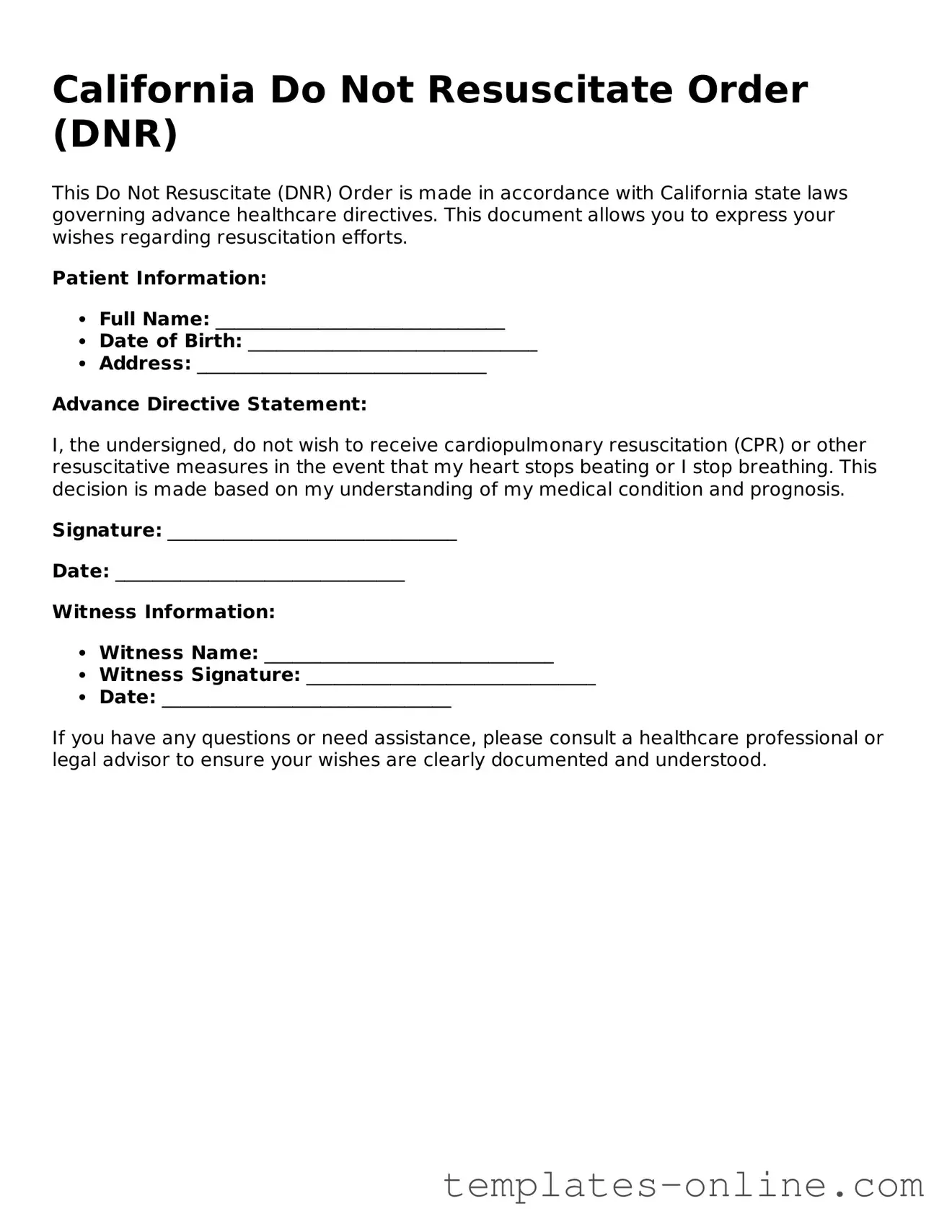 Valid  Do Not Resuscitate Order Template for California