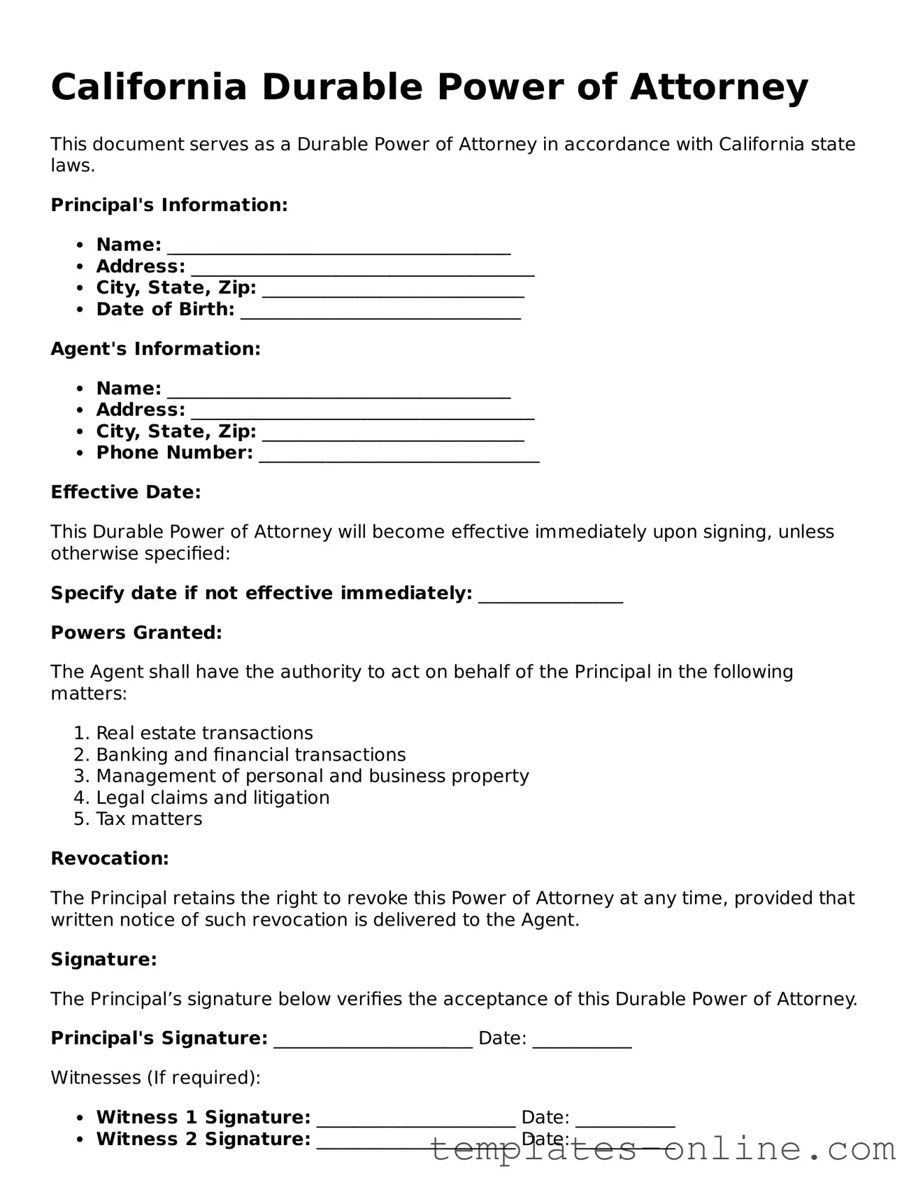 Valid  Durable Power of Attorney Template for California