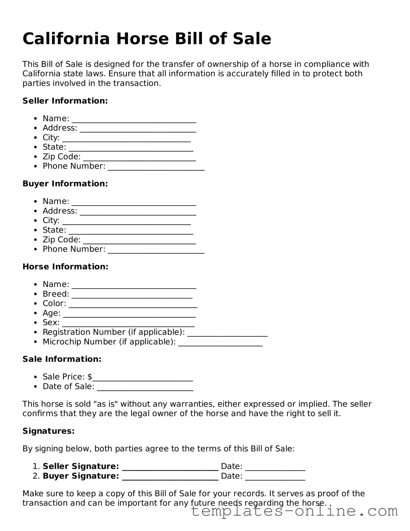 Valid  Horse Bill of Sale Template for California