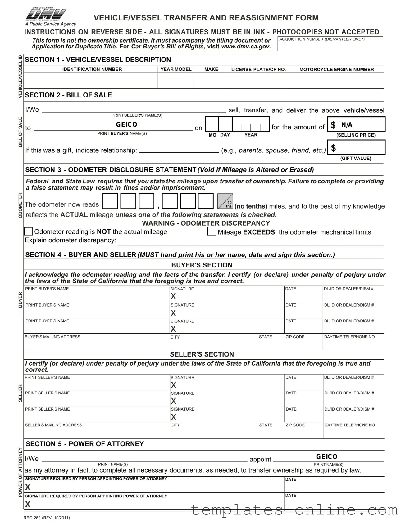 California Fotm Reg 262 Template