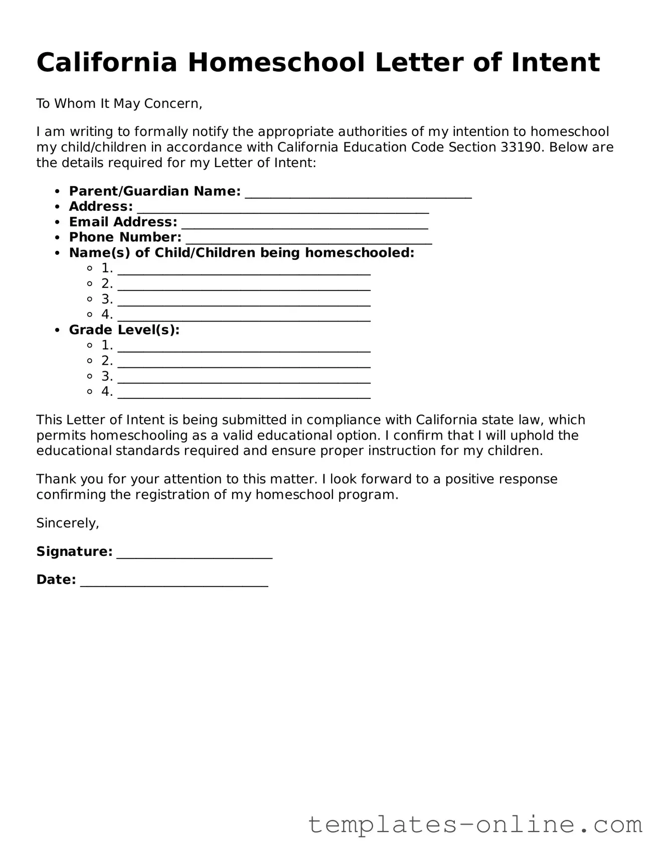 Valid  Homeschool Letter of Intent Template for California