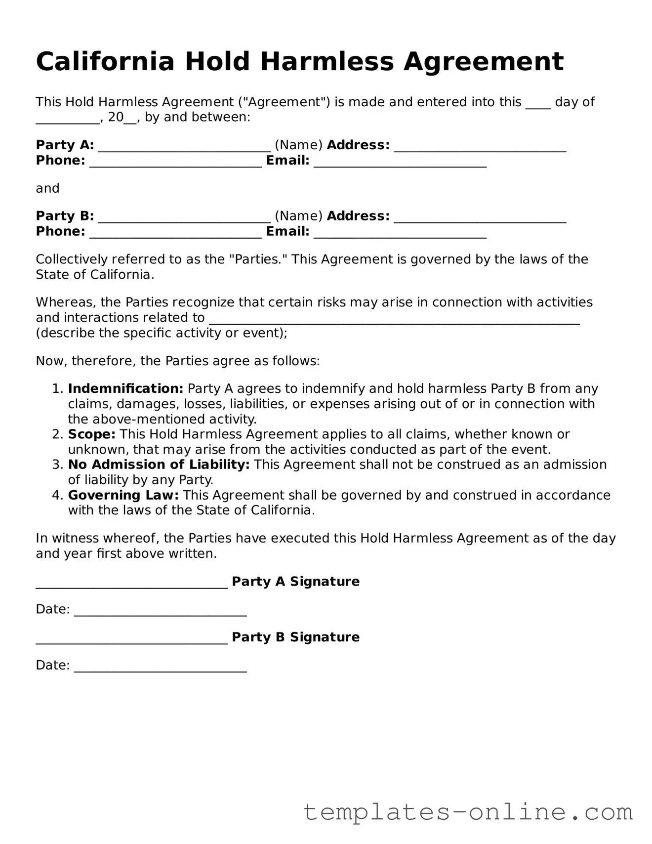 Valid  Hold Harmless Agreement Template for California