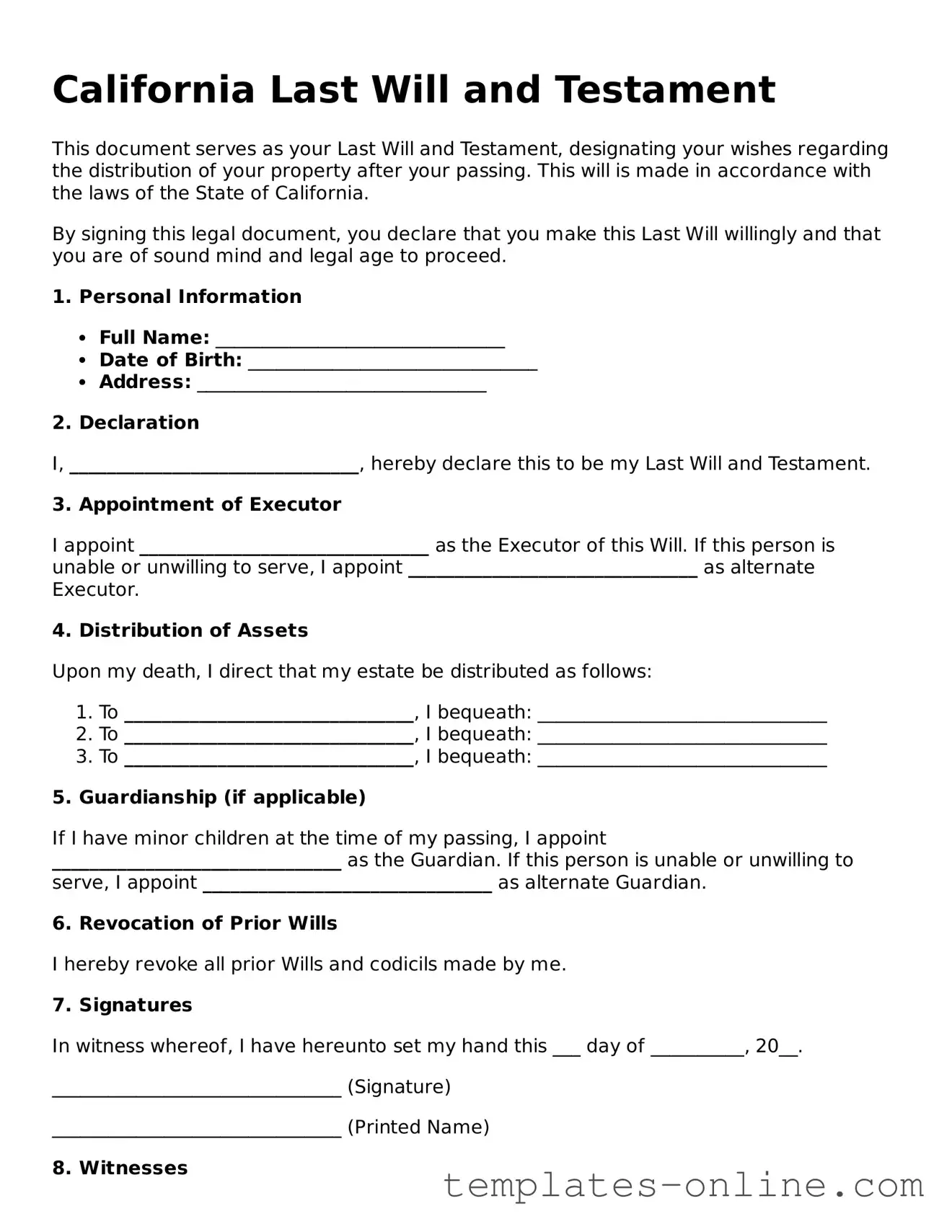 Valid  Last Will and Testament Template for California