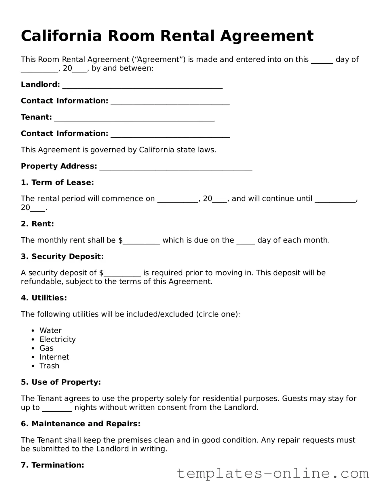 Valid  Room Rental Agreement Template for California