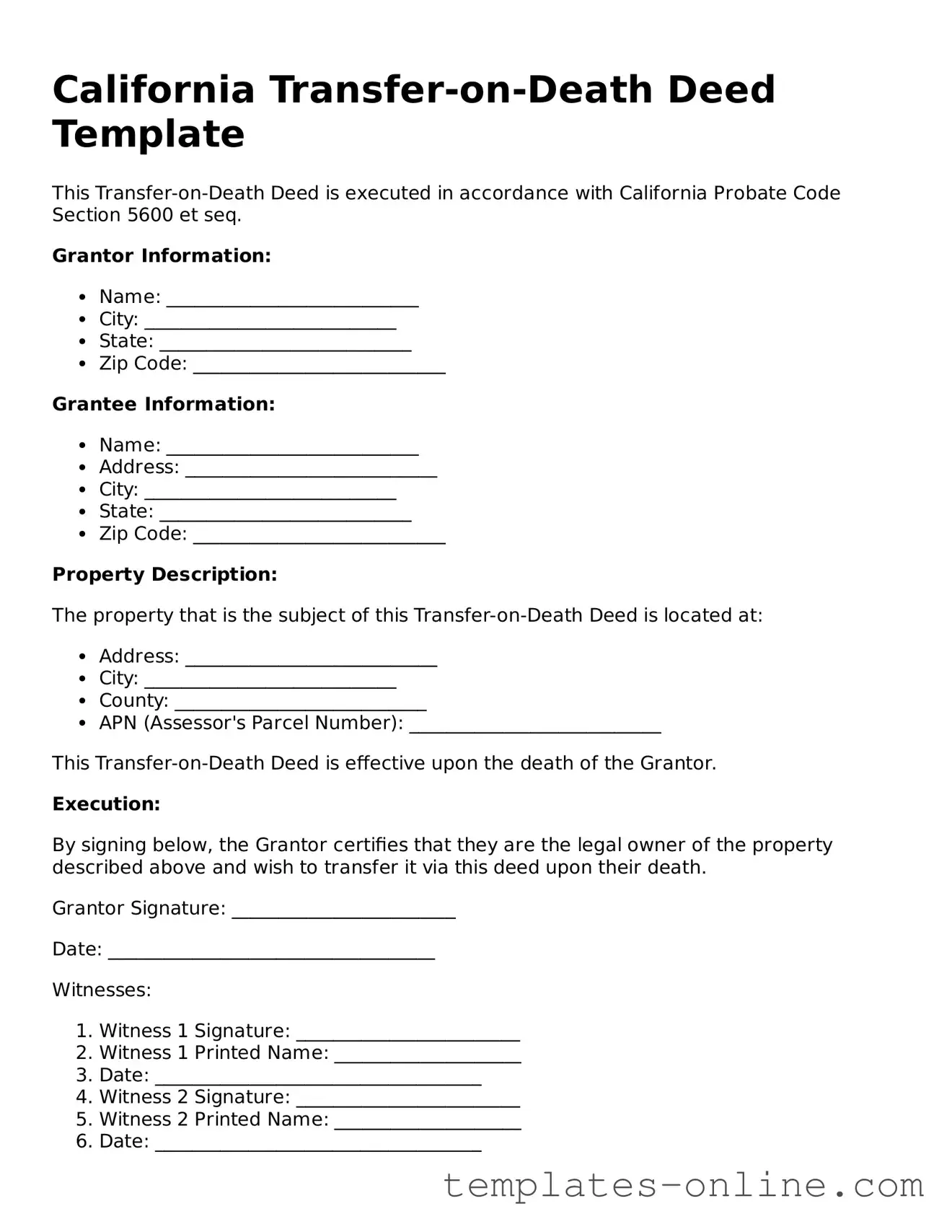 Valid  Transfer-on-Death Deed Template for California