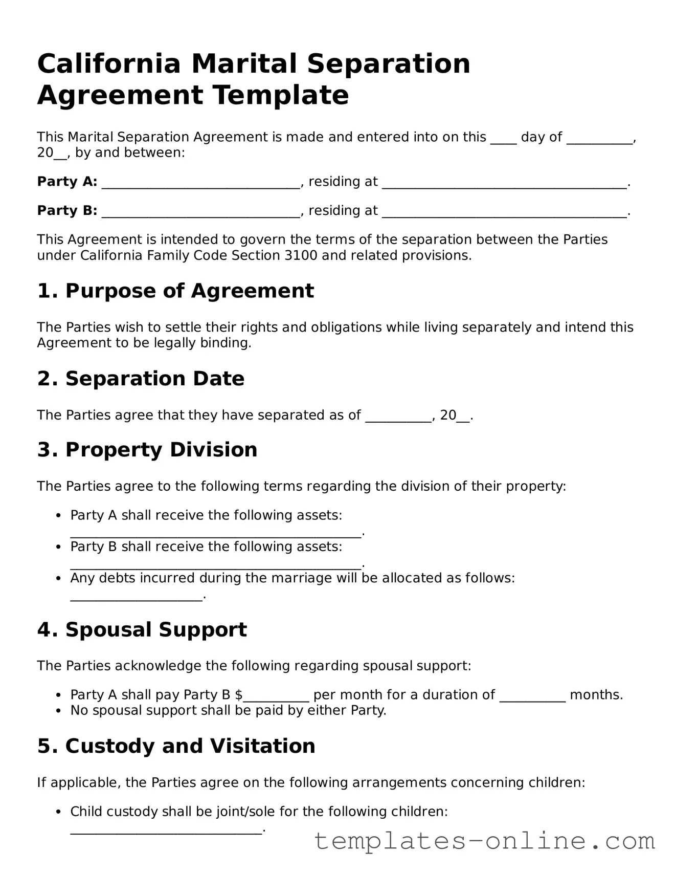 Valid  Marital Separation Agreement Template for California