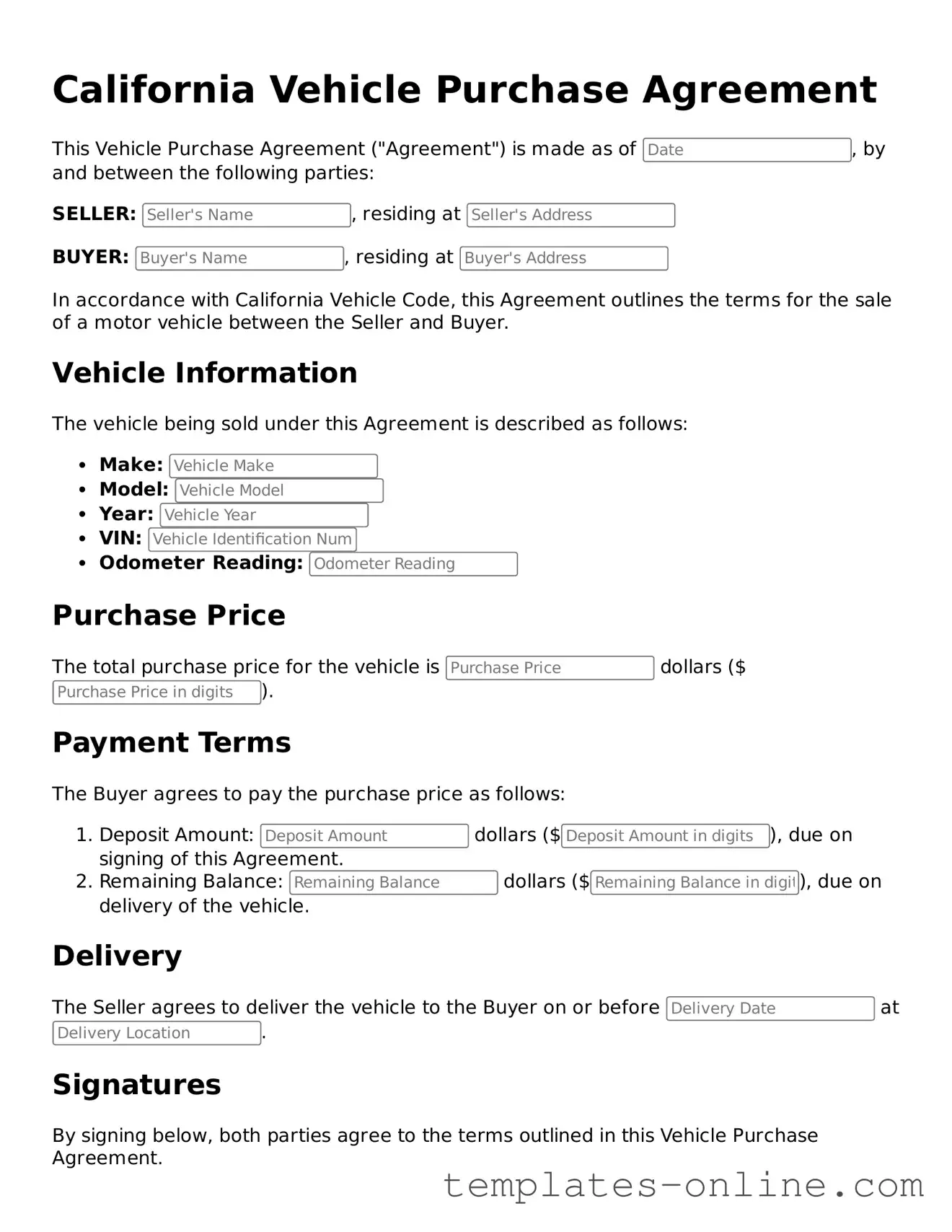 Valid  Vehicle Purchase Agreement Template for California