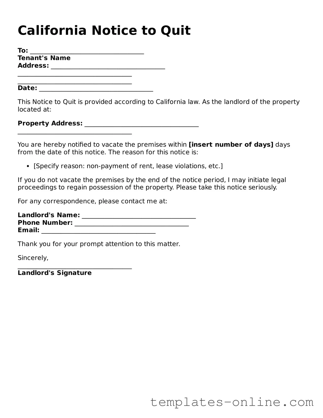 Valid  Notice to Quit Template for California