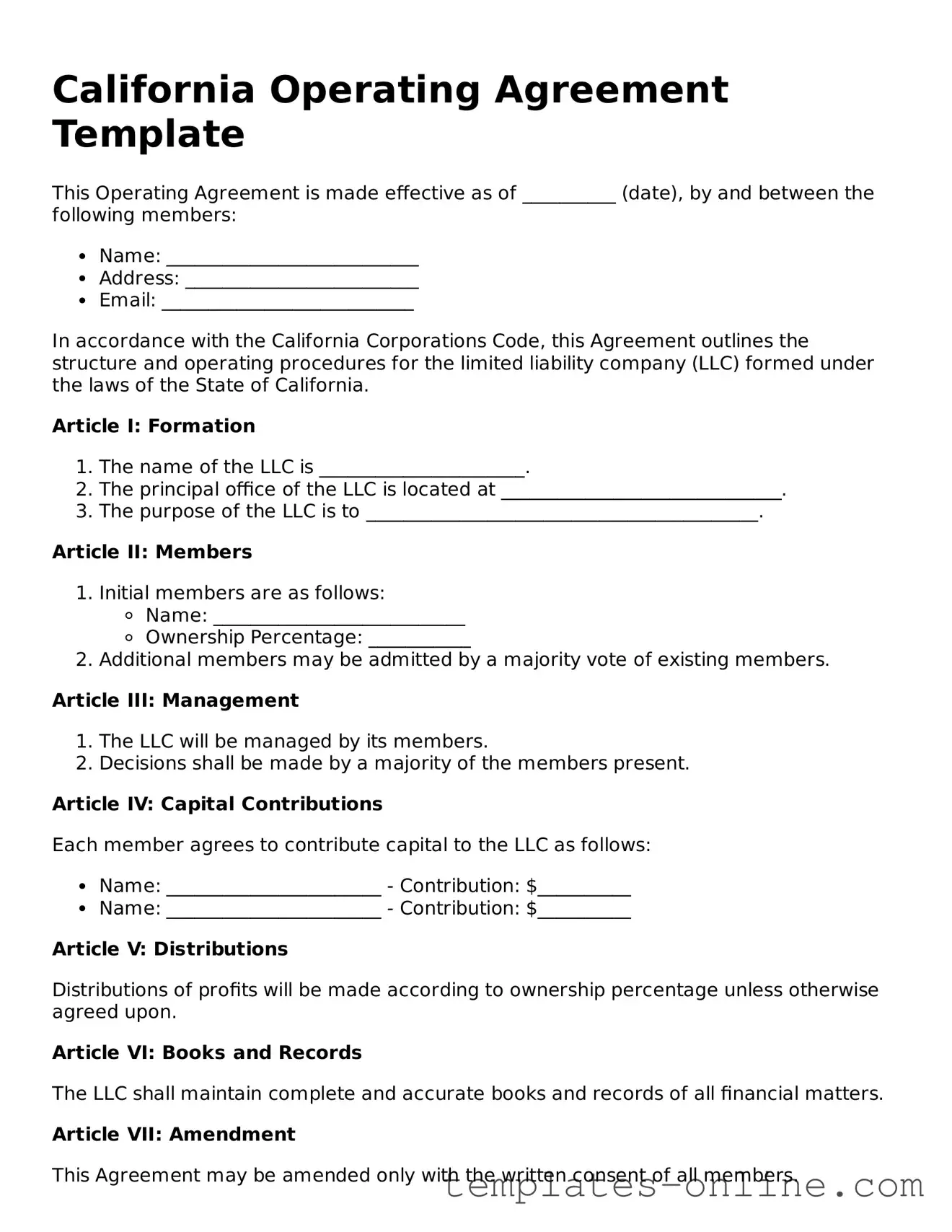 Valid  Operating Agreement Template for California