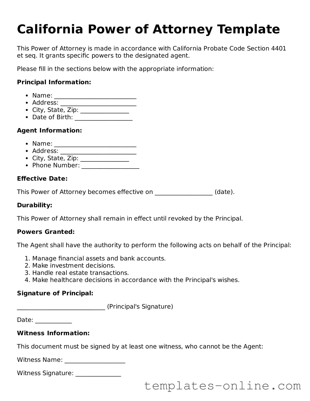 Valid  Power of Attorney Template for California