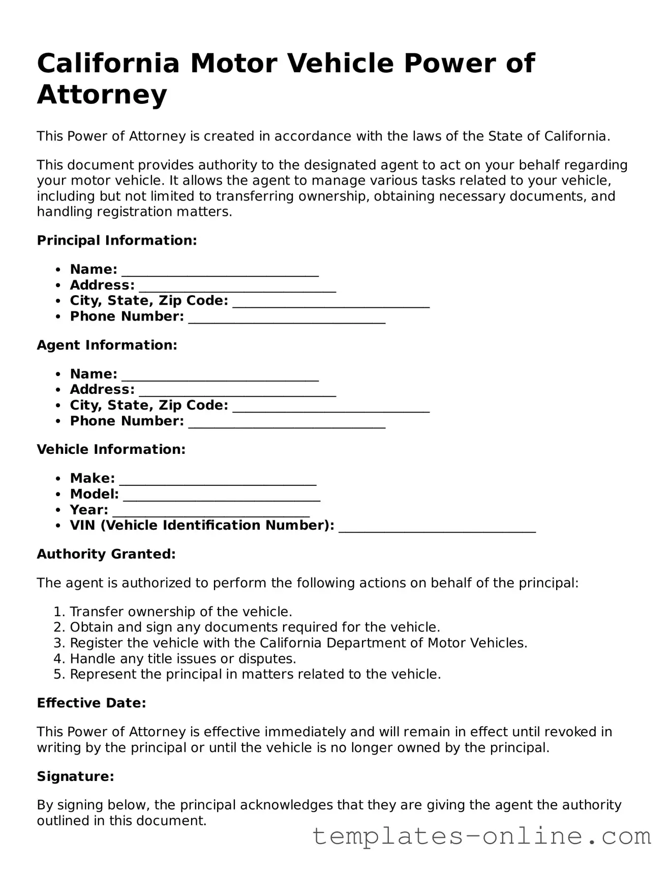 Valid  Motor Vehicle Power of Attorney Template for California