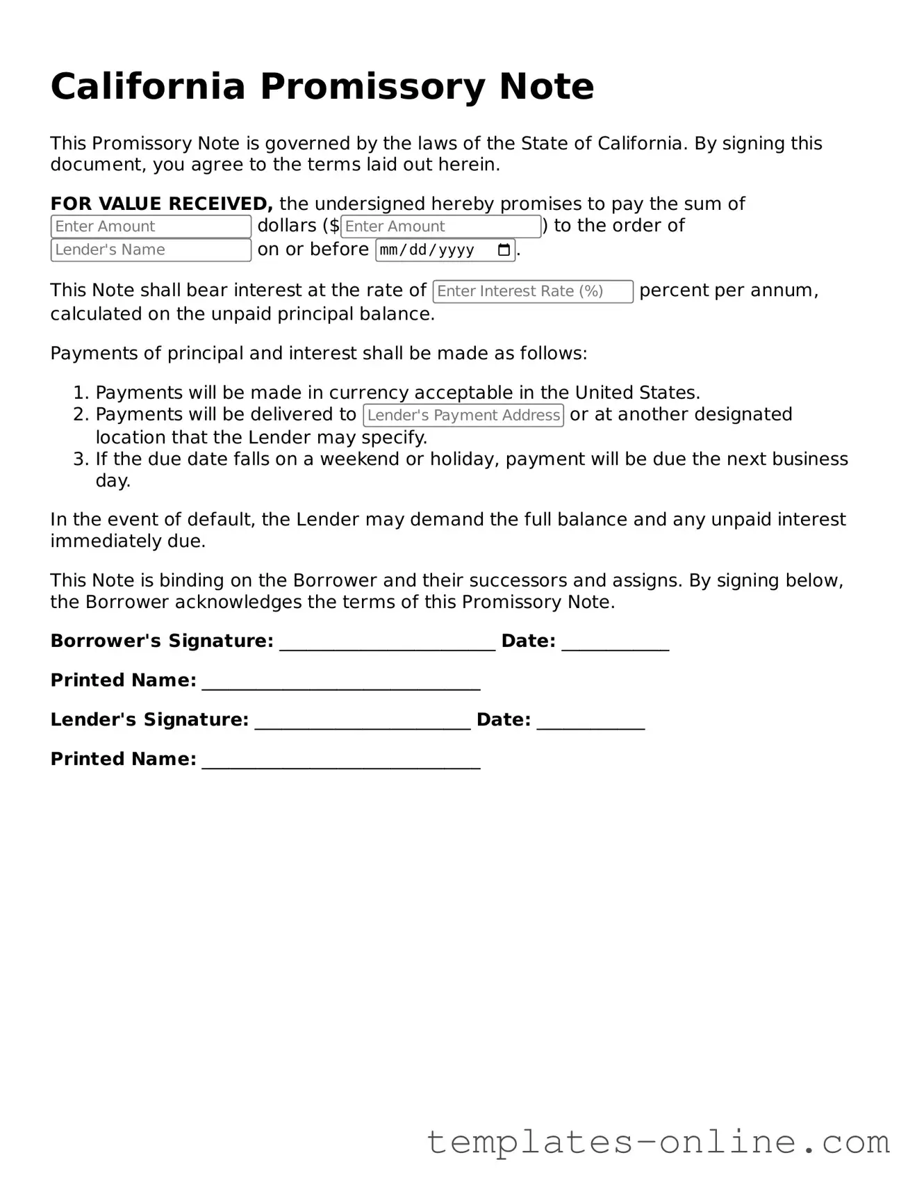 Valid  Promissory Note Template for California