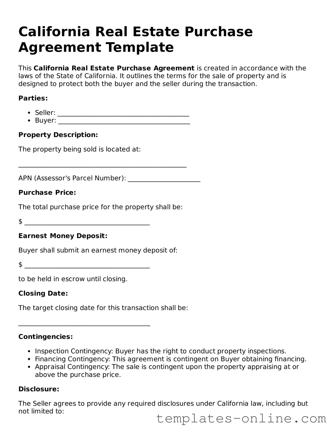 Valid  Real Estate Purchase Agreement Template for California