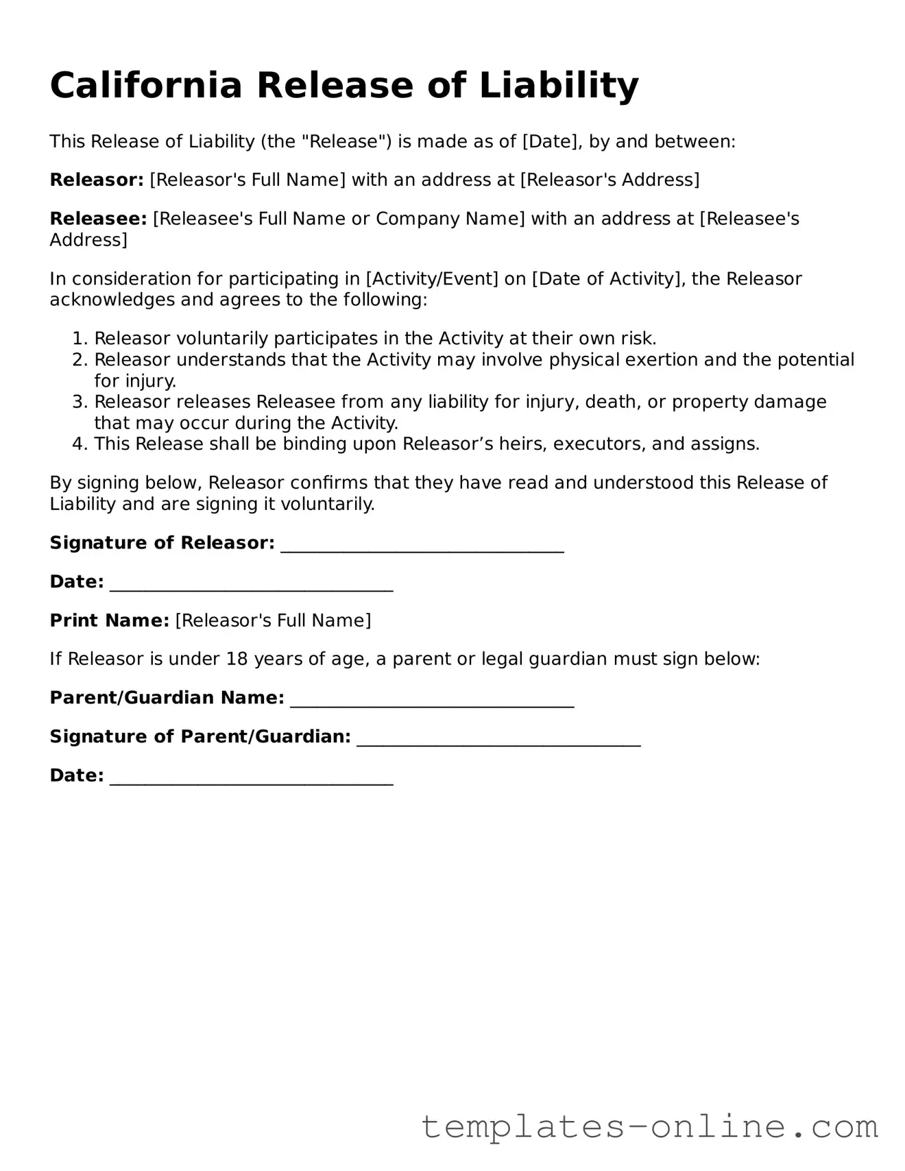 Valid  Release of Liability Template for California