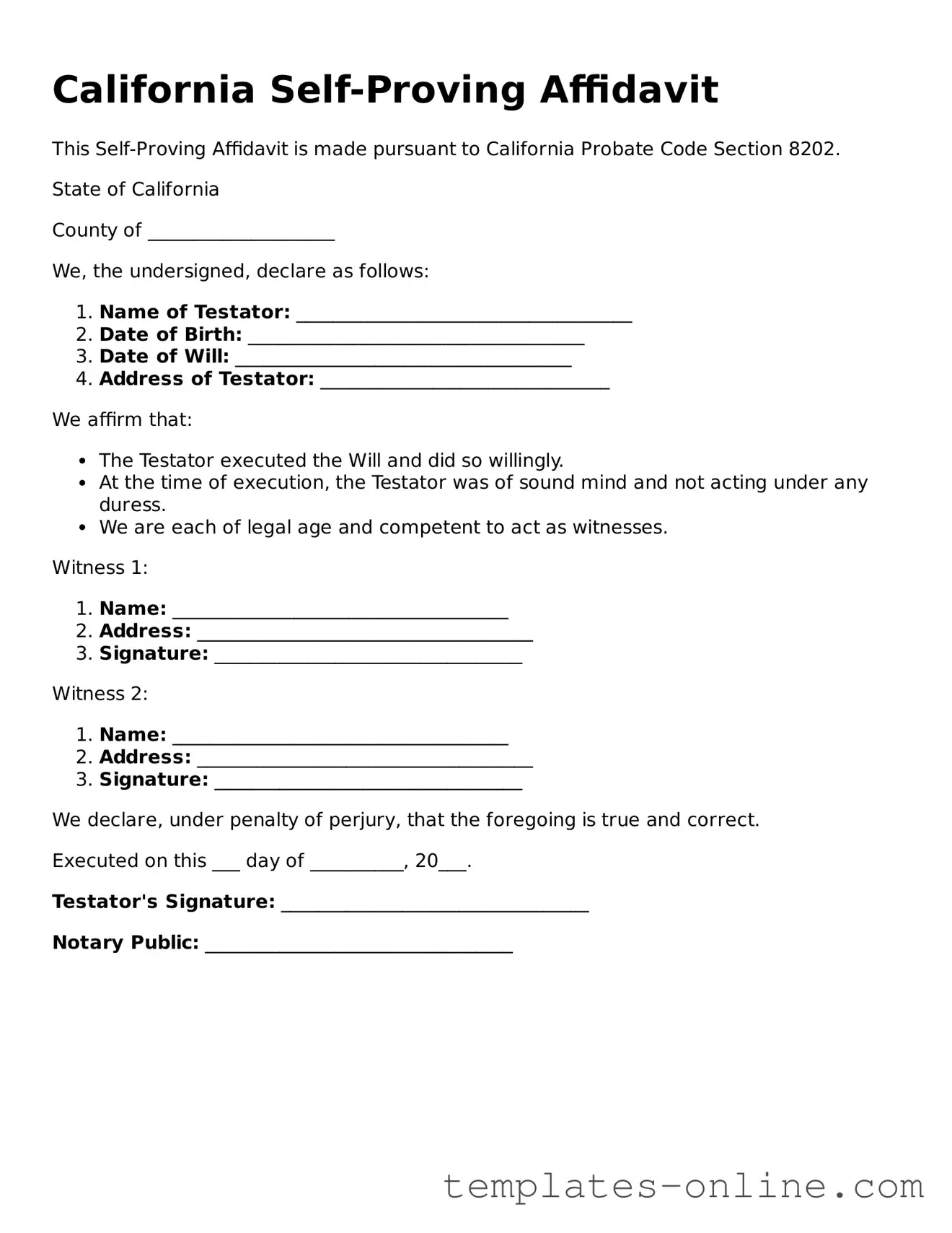Valid  Self-Proving Affidavit Template for California