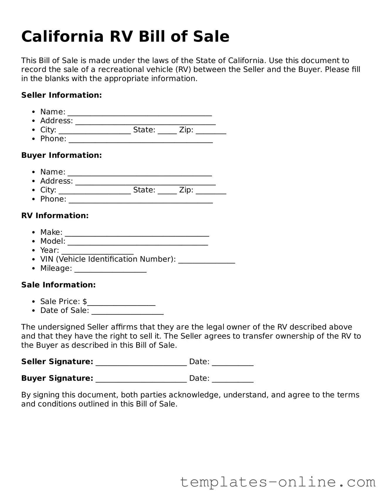 Valid  RV Bill of Sale Template for California