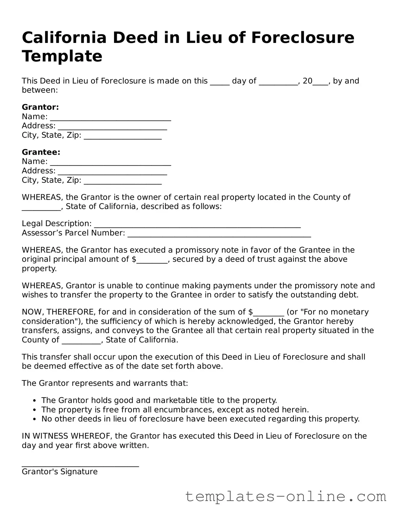 Valid  Deed in Lieu of Foreclosure Template for California