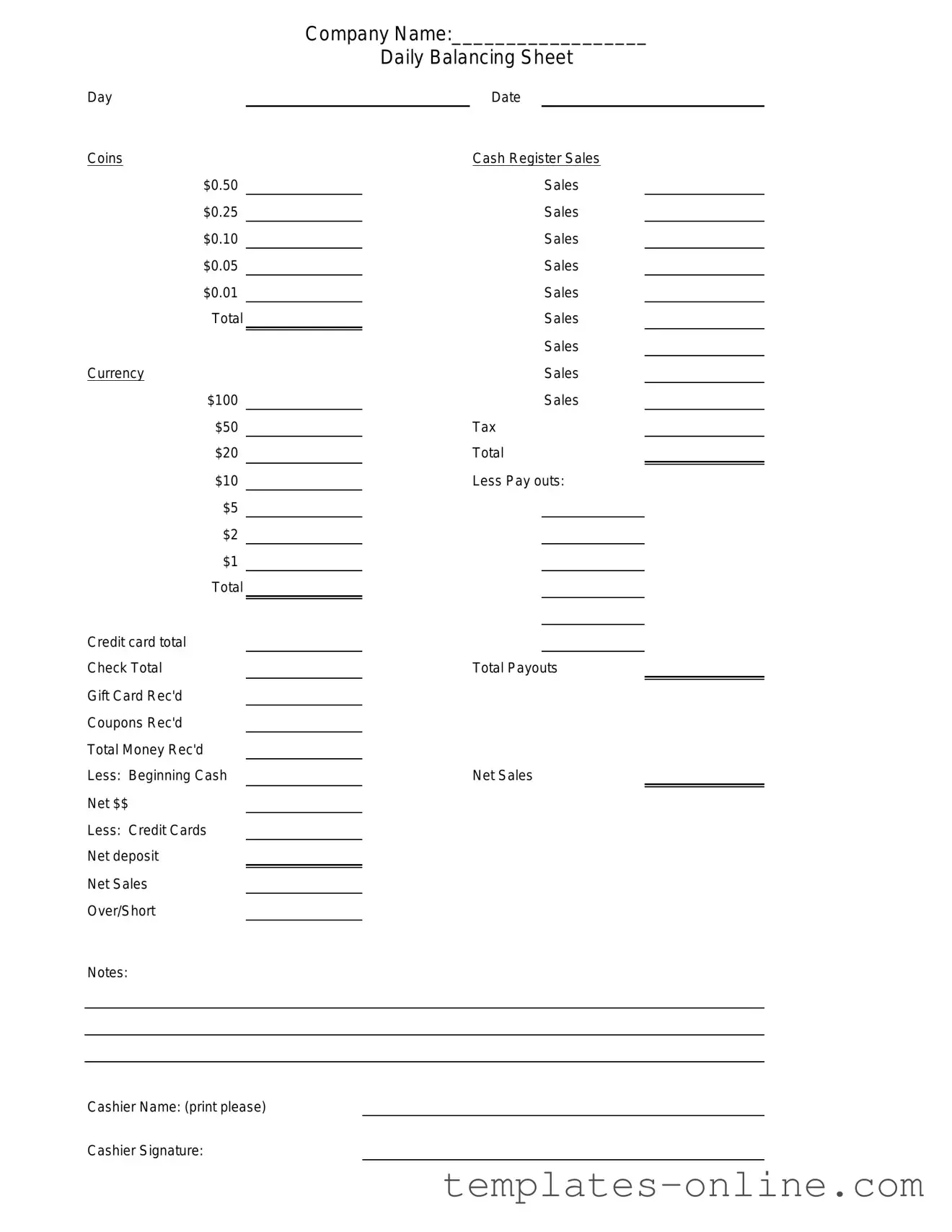 Cash Drawer Count Sheet Template