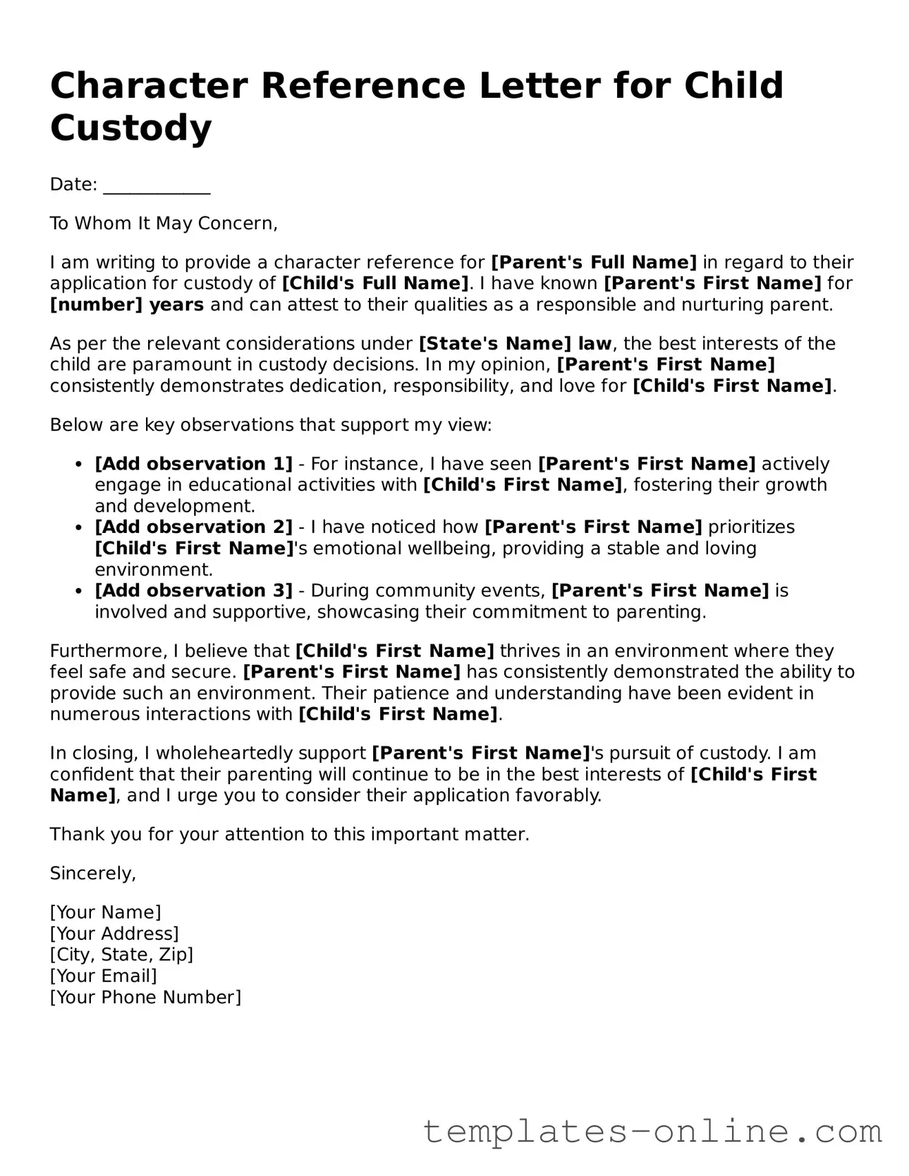 Attorney-Verified Character Reference Letter for Child Custody Template