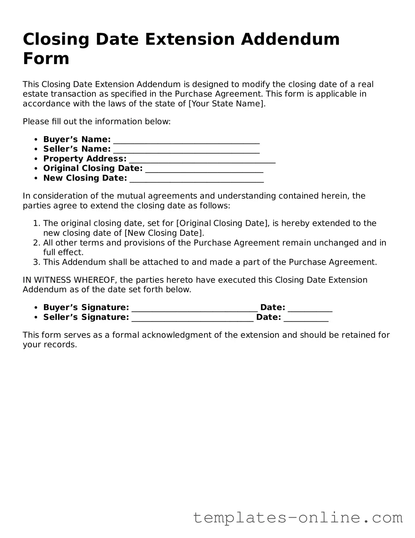 Attorney-Verified Closing Date Extension Addendum Form Template