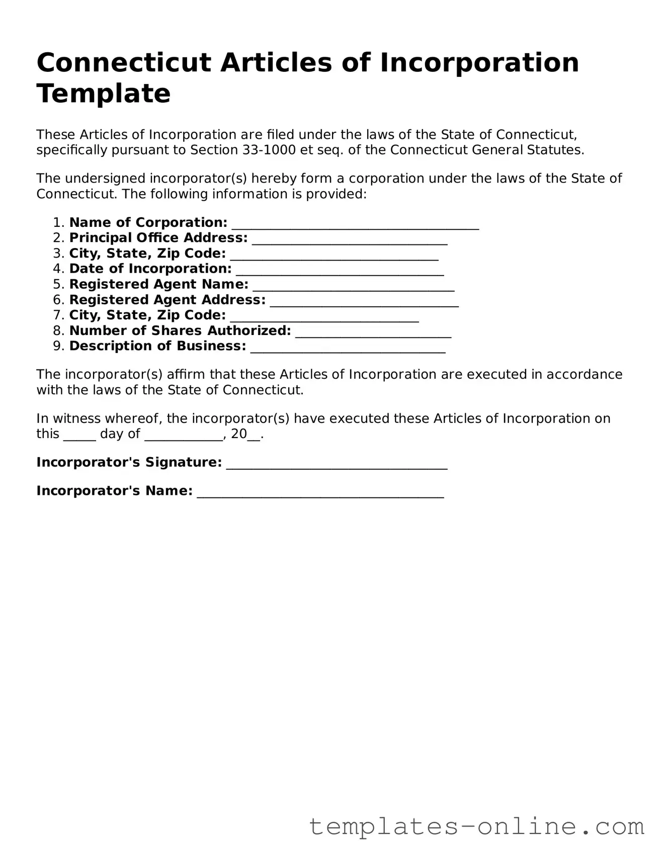 Valid  Articles of Incorporation Template for Connecticut