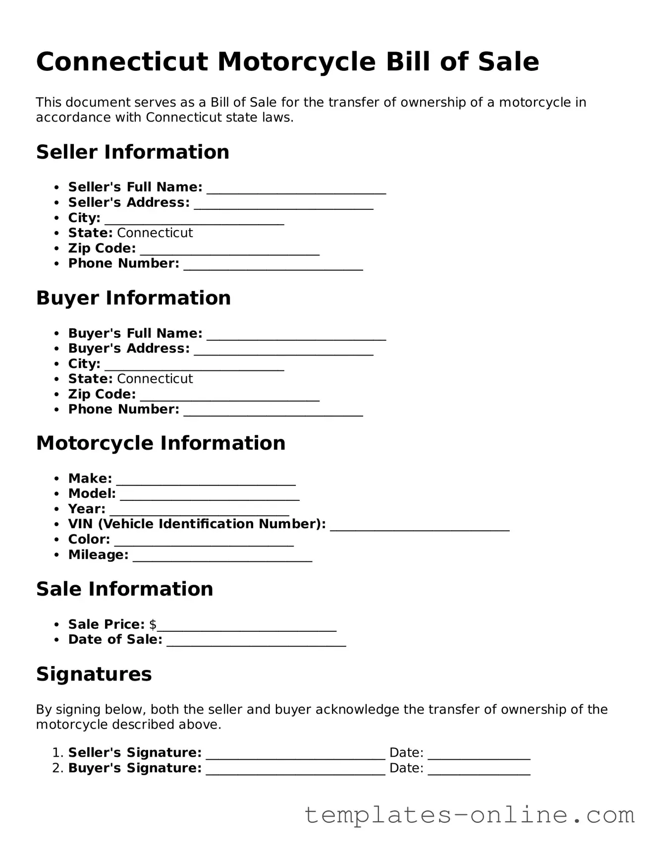 Valid  Motorcycle Bill of Sale Template for Connecticut