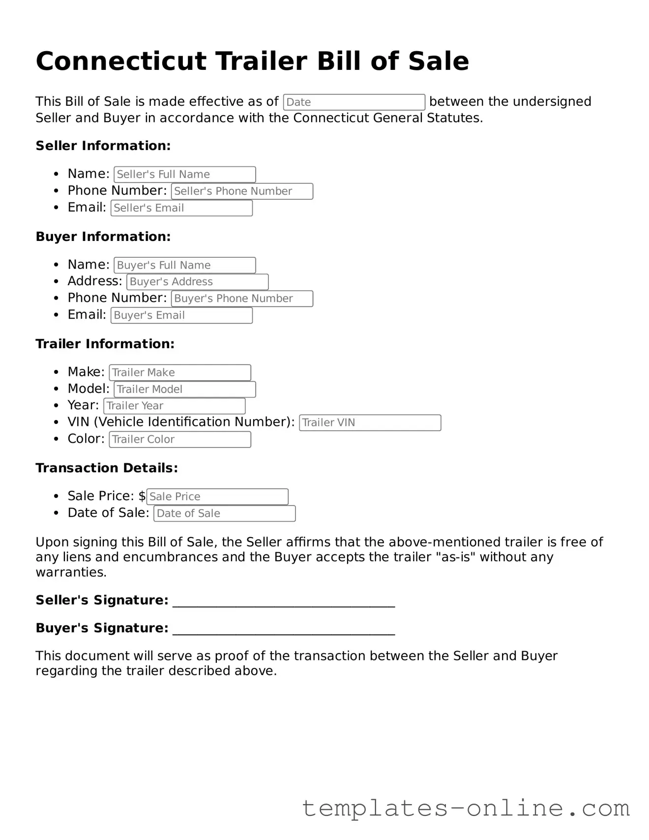 Valid  Trailer Bill of Sale Template for Connecticut