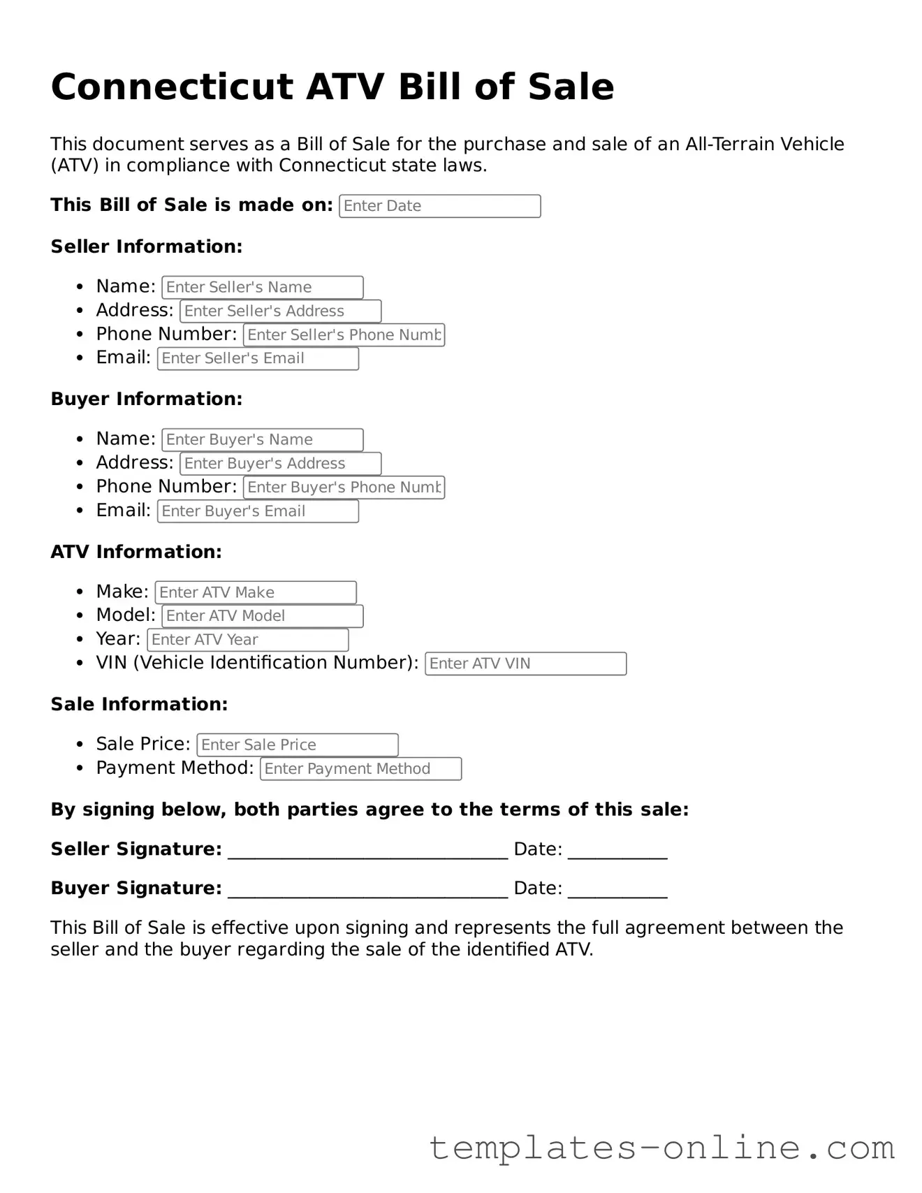 Valid  ATV Bill of Sale Template for Connecticut
