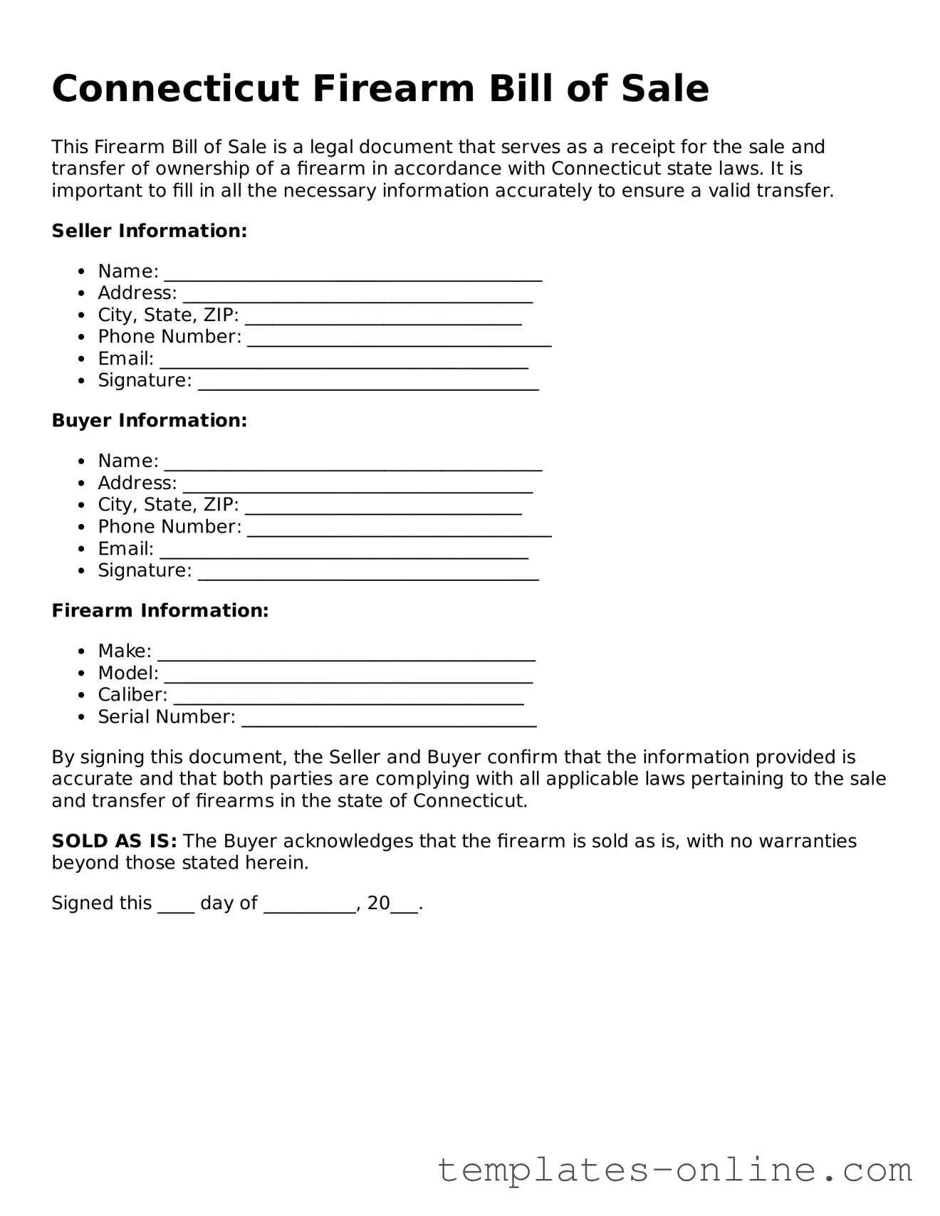 Valid  Firearm Bill of Sale Template for Connecticut