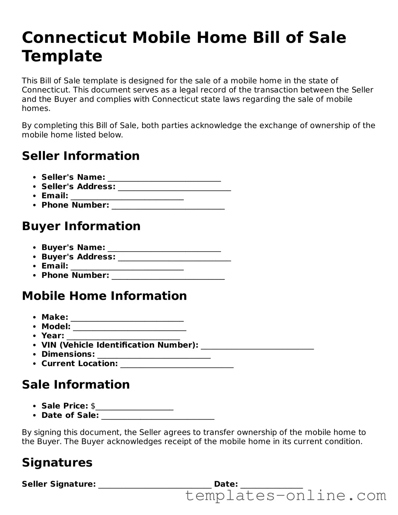 Valid  Mobile Home Bill of Sale Template for Connecticut