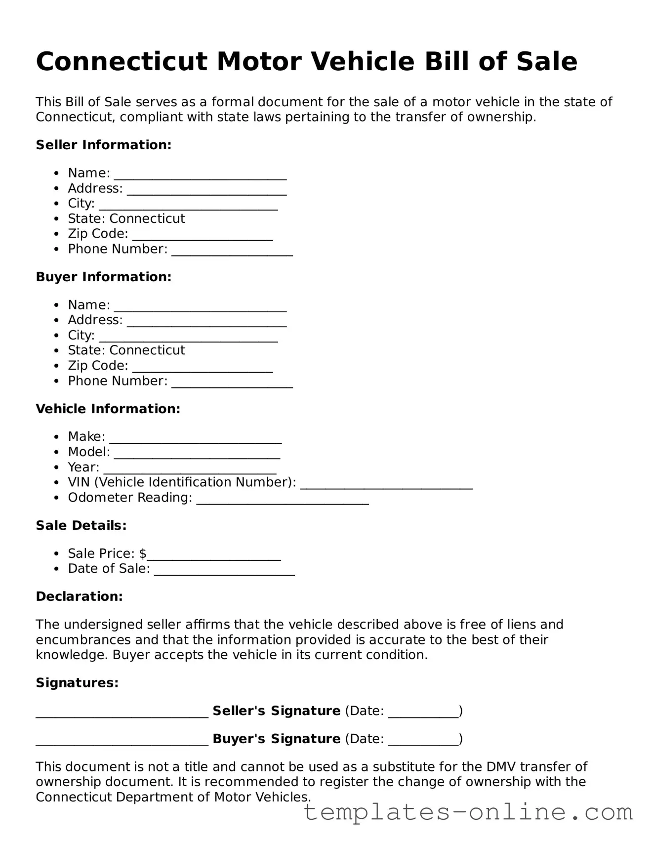 Valid  Motor Vehicle Bill of Sale Template for Connecticut