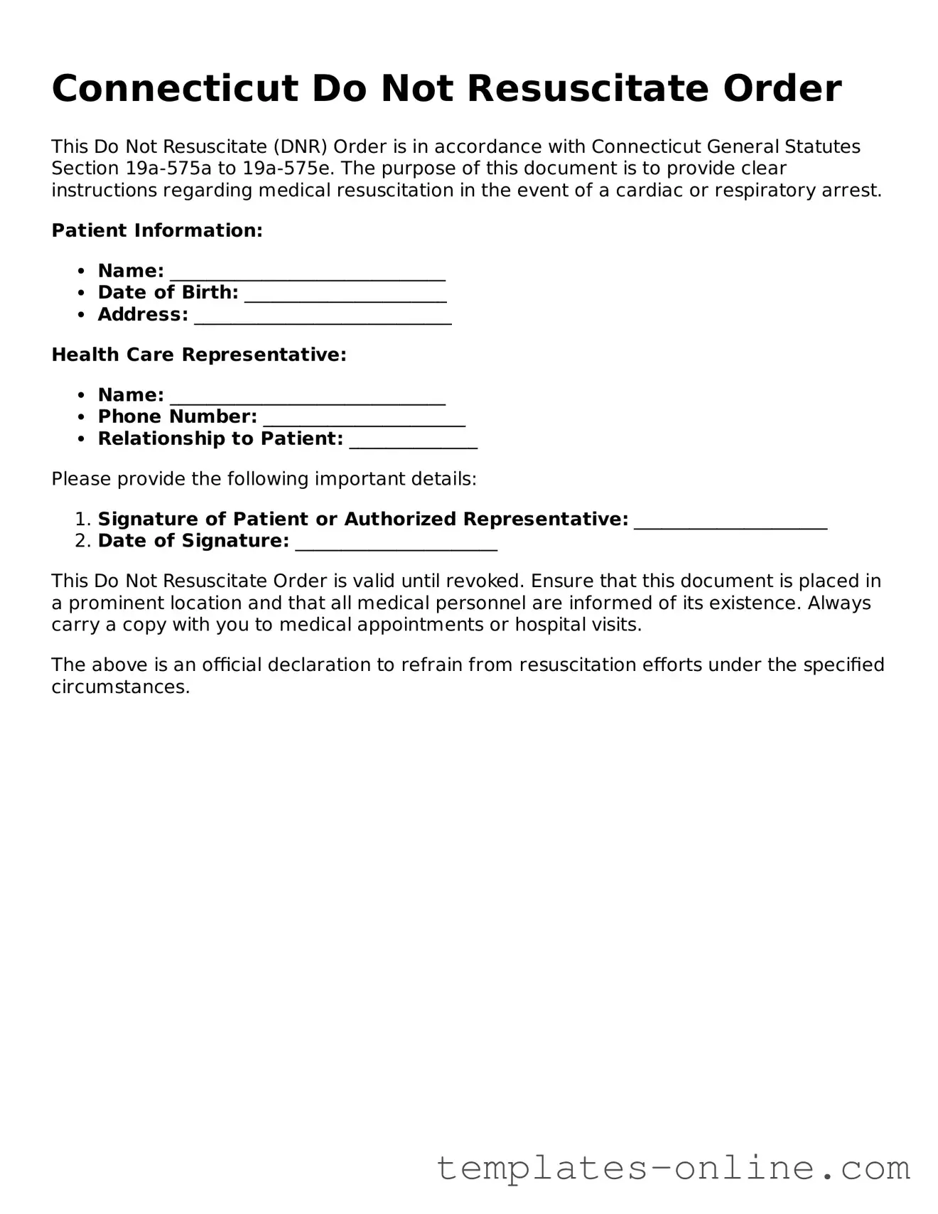 Valid  Do Not Resuscitate Order Template for Connecticut