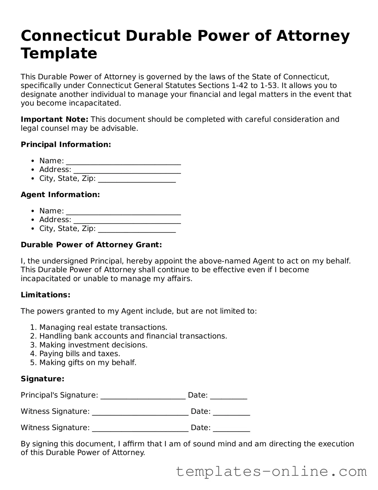 Valid  Durable Power of Attorney Template for Connecticut